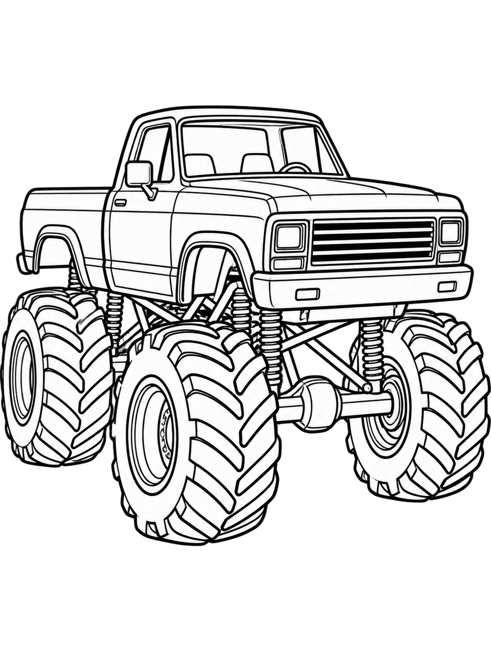 Classic monster truck with oversized deeply treaded tires, shown from a three-quarter front view.