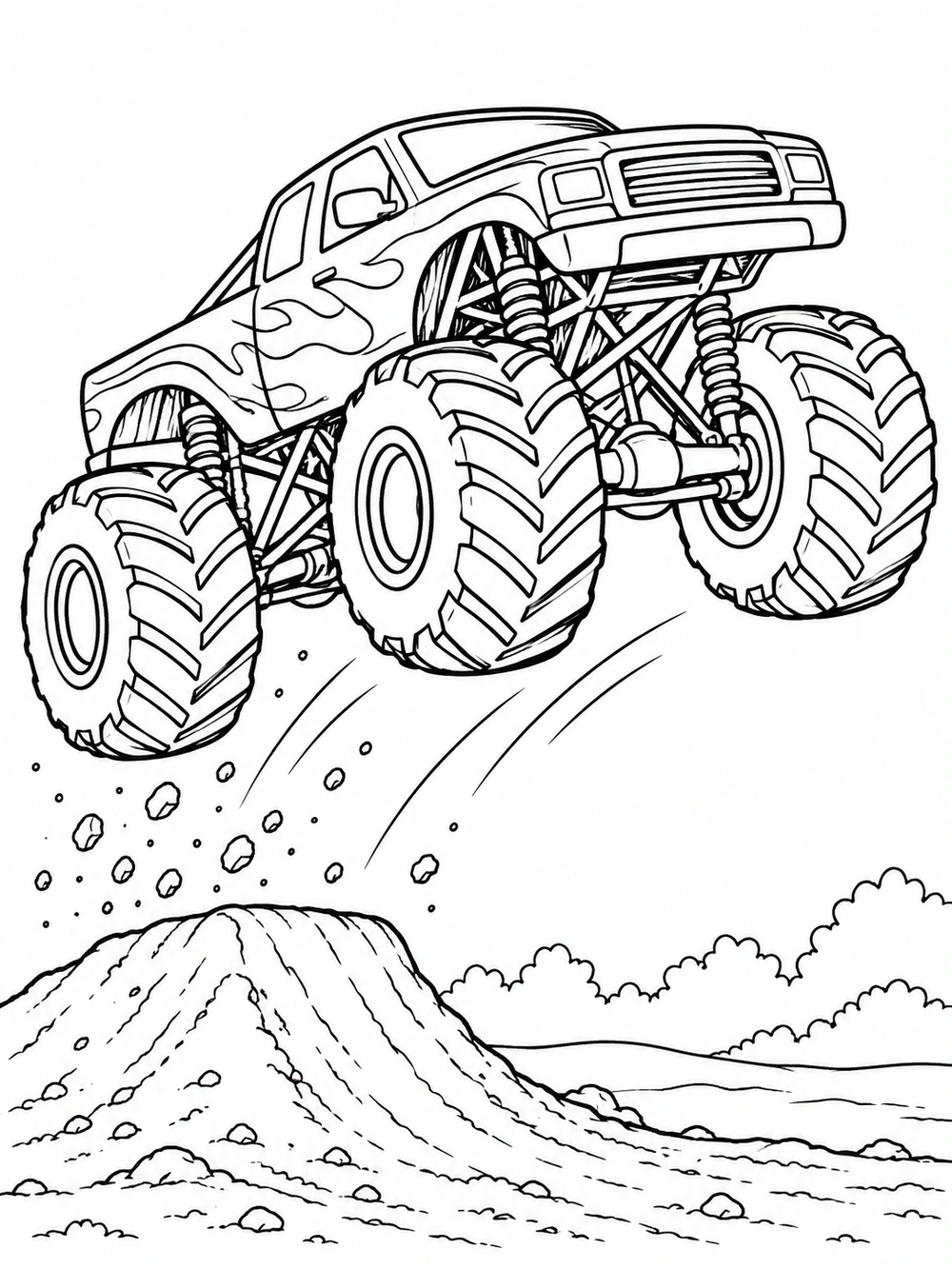 A large monster truck angled upward in midair over a dirt ramp, with motion lines and flying dirt clumps.