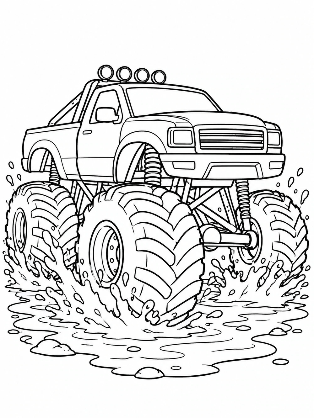 Black-outline monster truck with oversized tires splashing through a puddle, with droplets around the wheels.