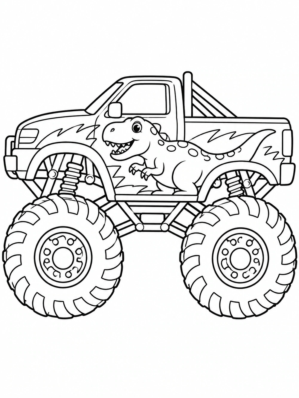 Side-view monster truck with oversized tires and a friendly dinosaur design on its body