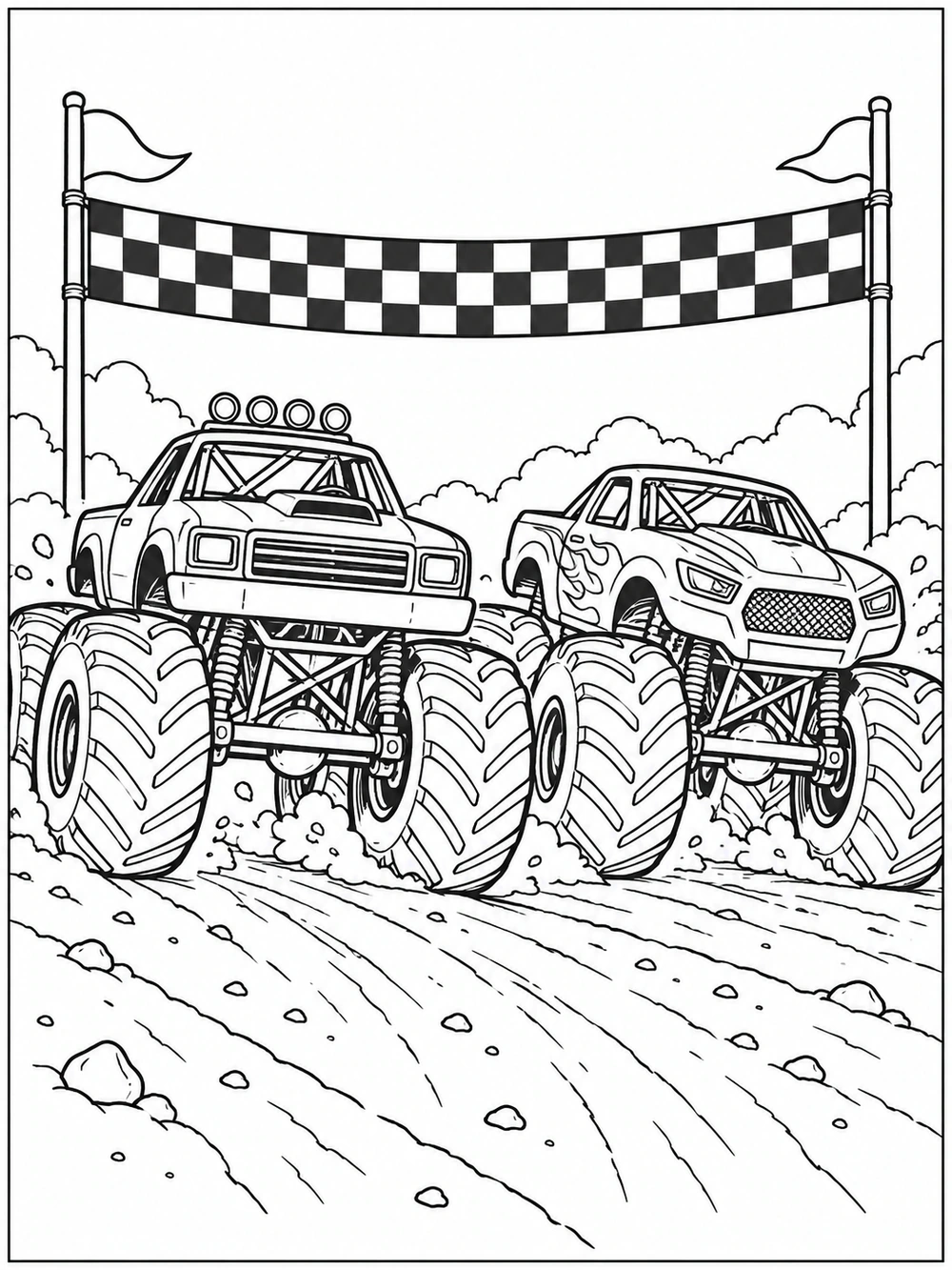 Two differently shaped monster trucks with oversized tires race beneath a checkered banner on a dirt track.