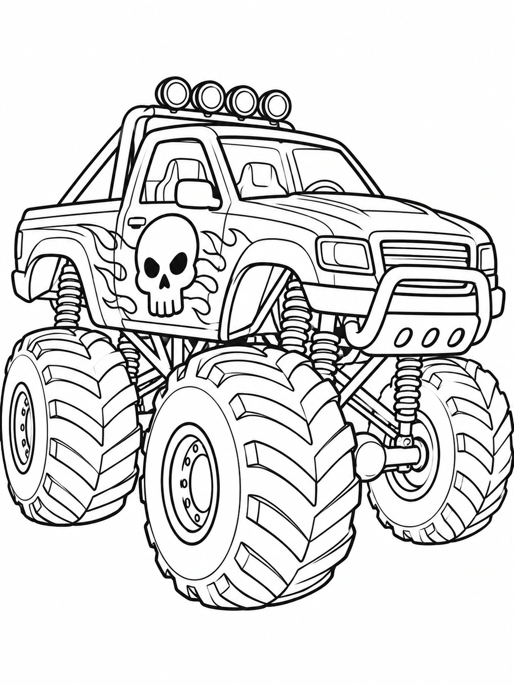 Three-quarter view of a large monster truck with oversized tires, roof lights, and a skull emblem on its side panel.