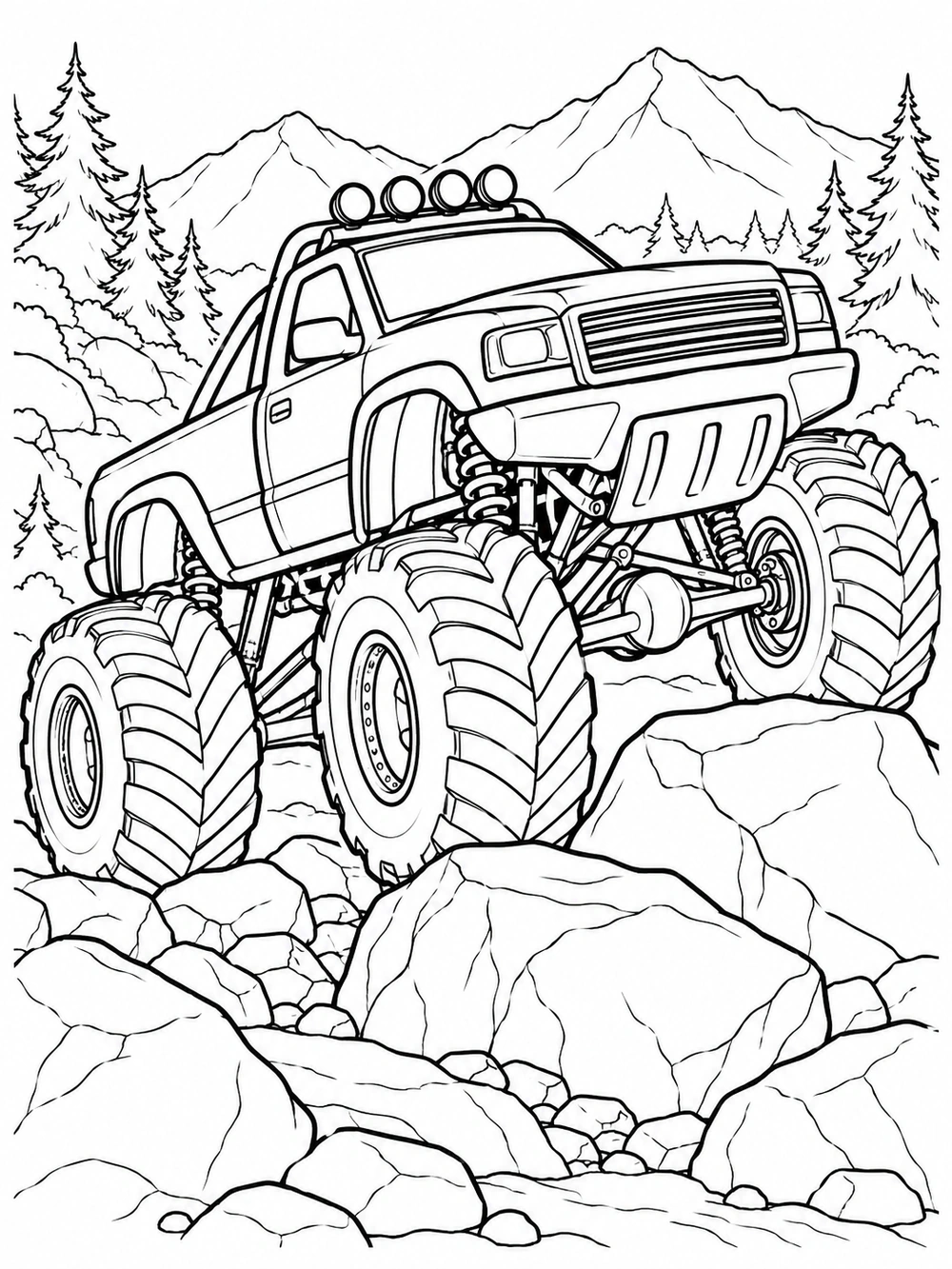 Monster truck climbing over rocks, with mountain peaks and pine trees in the background.
