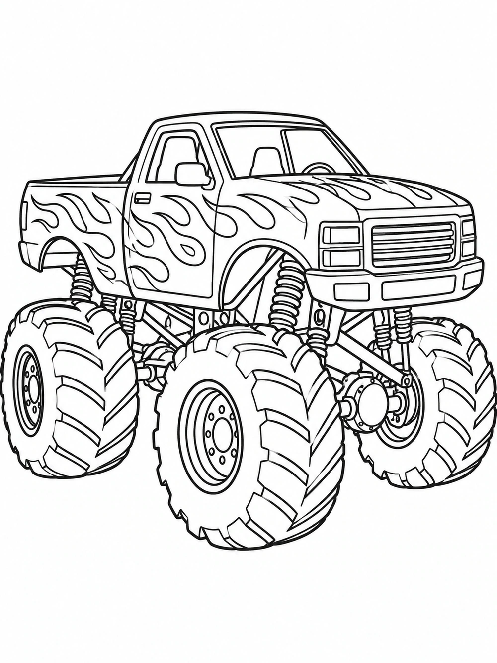 Monster truck with flame graphics on its side panels and oversized tires