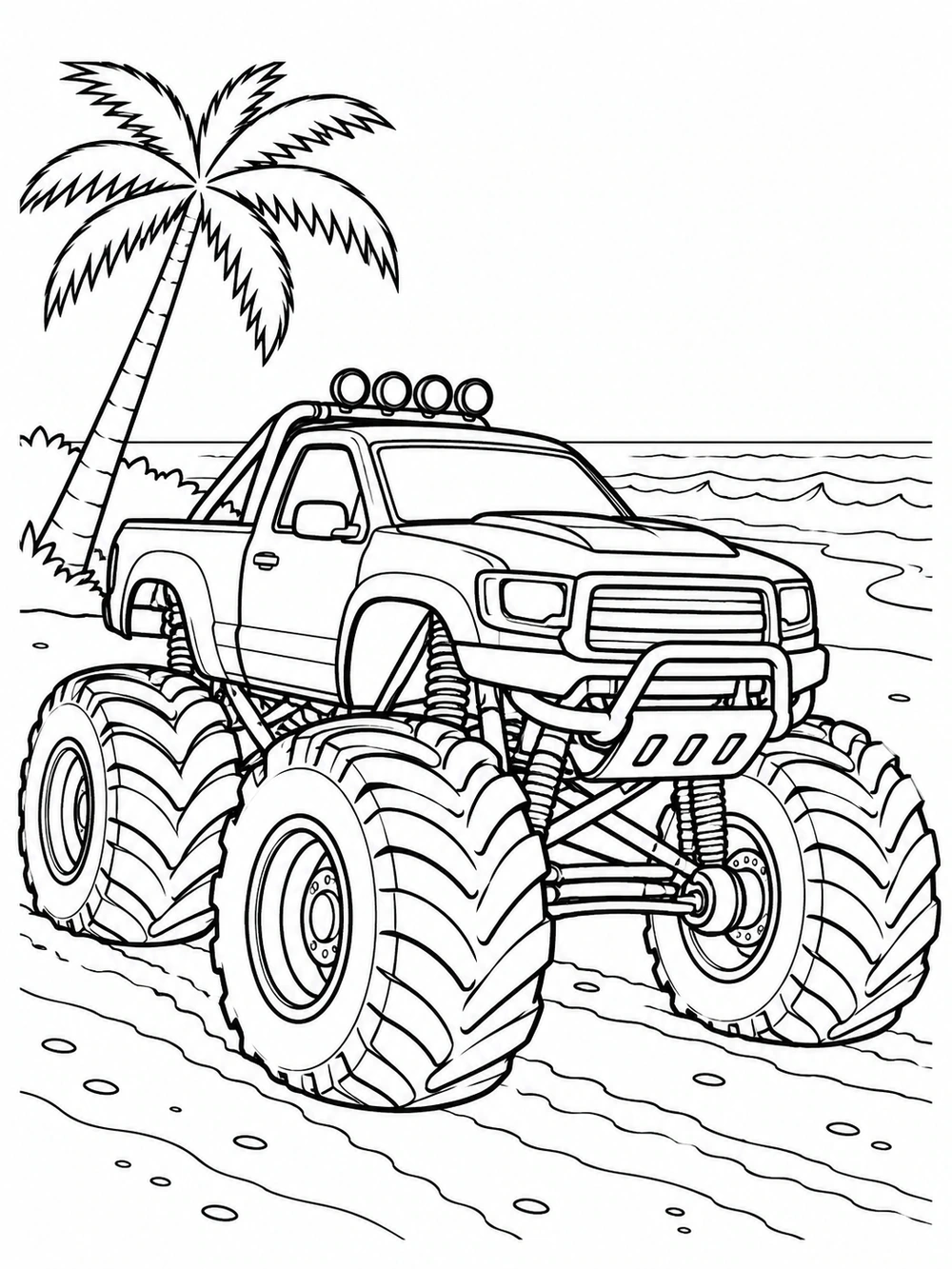 Large monster truck driving across a sandy beach with a palm tree and gentle waves in the background.