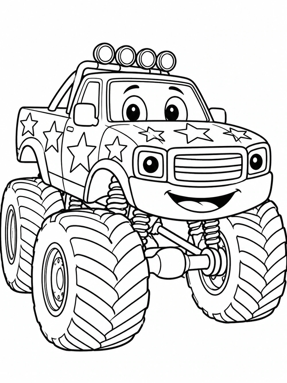 A smiling monster truck with oversized tires, a friendly grille, and large stars across its body.