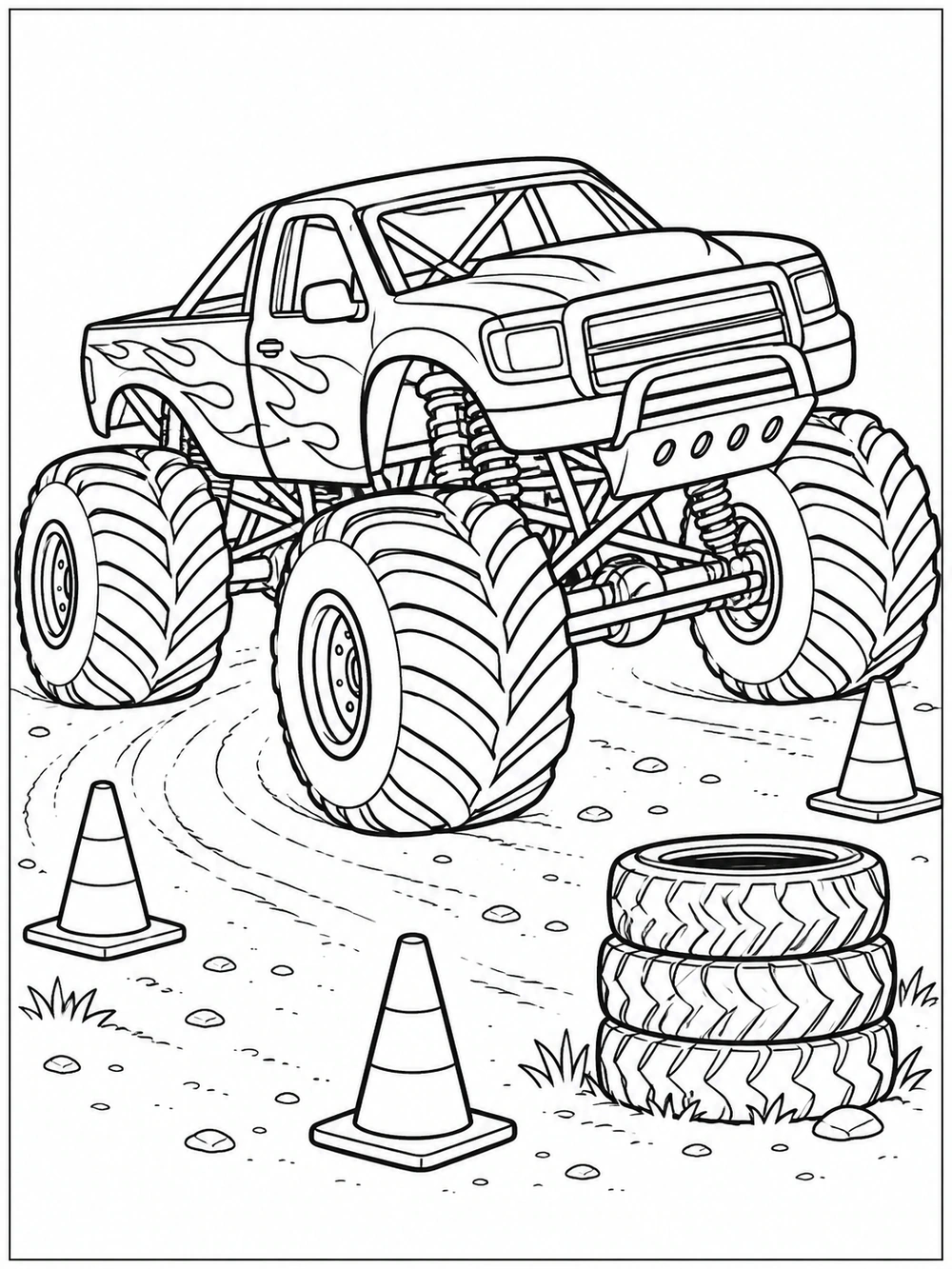 A large monster truck navigating a curving obstacle course with three traffic cones and a stack of three tires.