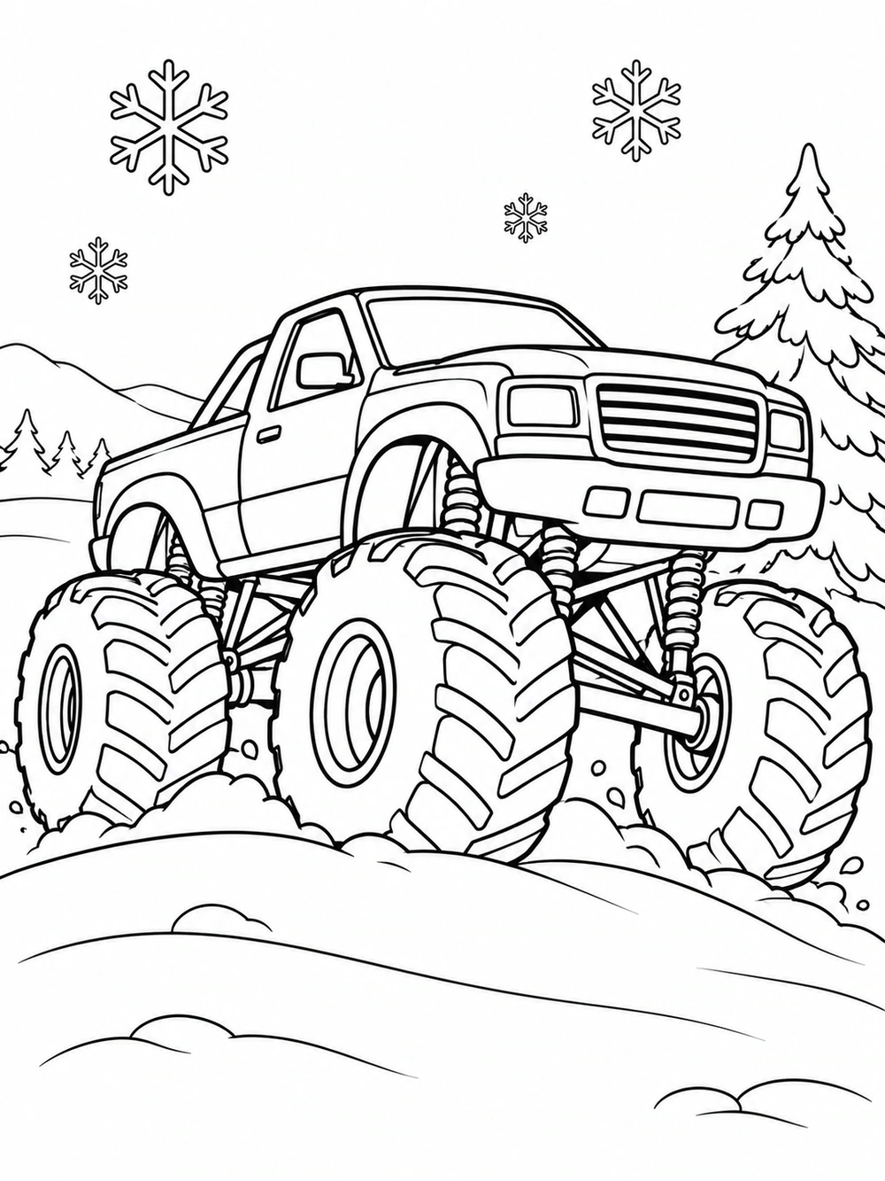 A large monster truck with oversized tires on snowy hills, with snowflakes and pine trees in the background.