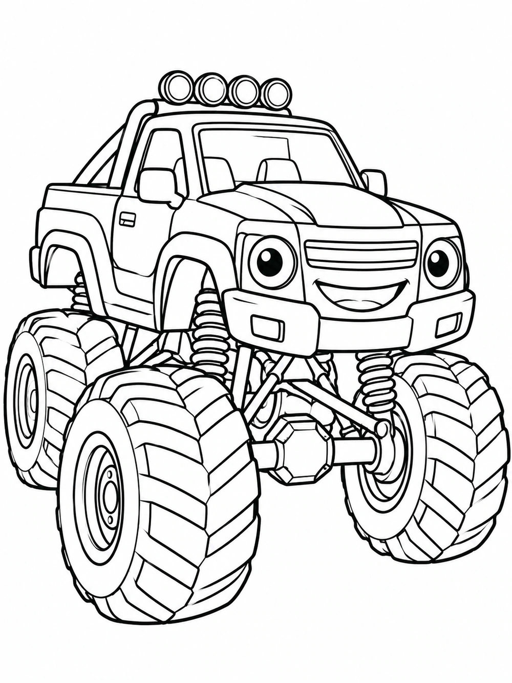 Black-outline monster truck with a smiling grille, round headlights, roof lights, and oversized tires.