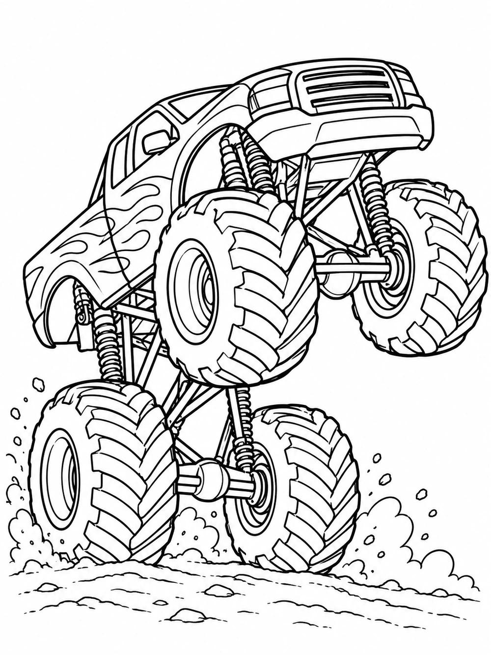 Black-and-white coloring page of a monster truck performing a wheelie, with its front tires raised and dust around the grounded rear tires.