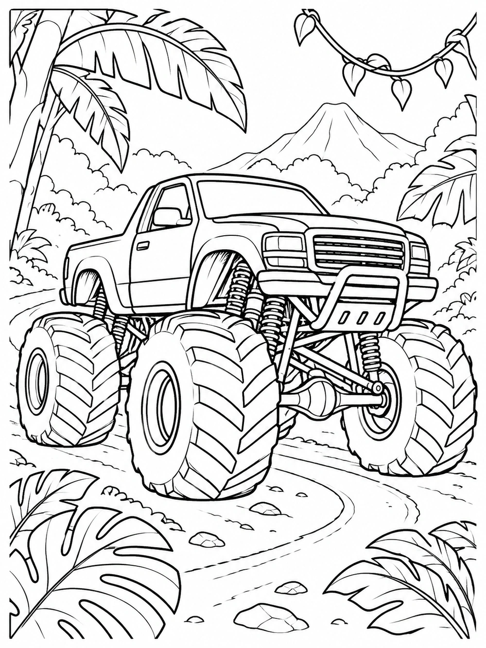 Black-and-white coloring page showing a monster truck with oversized tires on a winding jungle path, surrounded by broad tropical leaves, a distant vine, and a mountain backdrop.