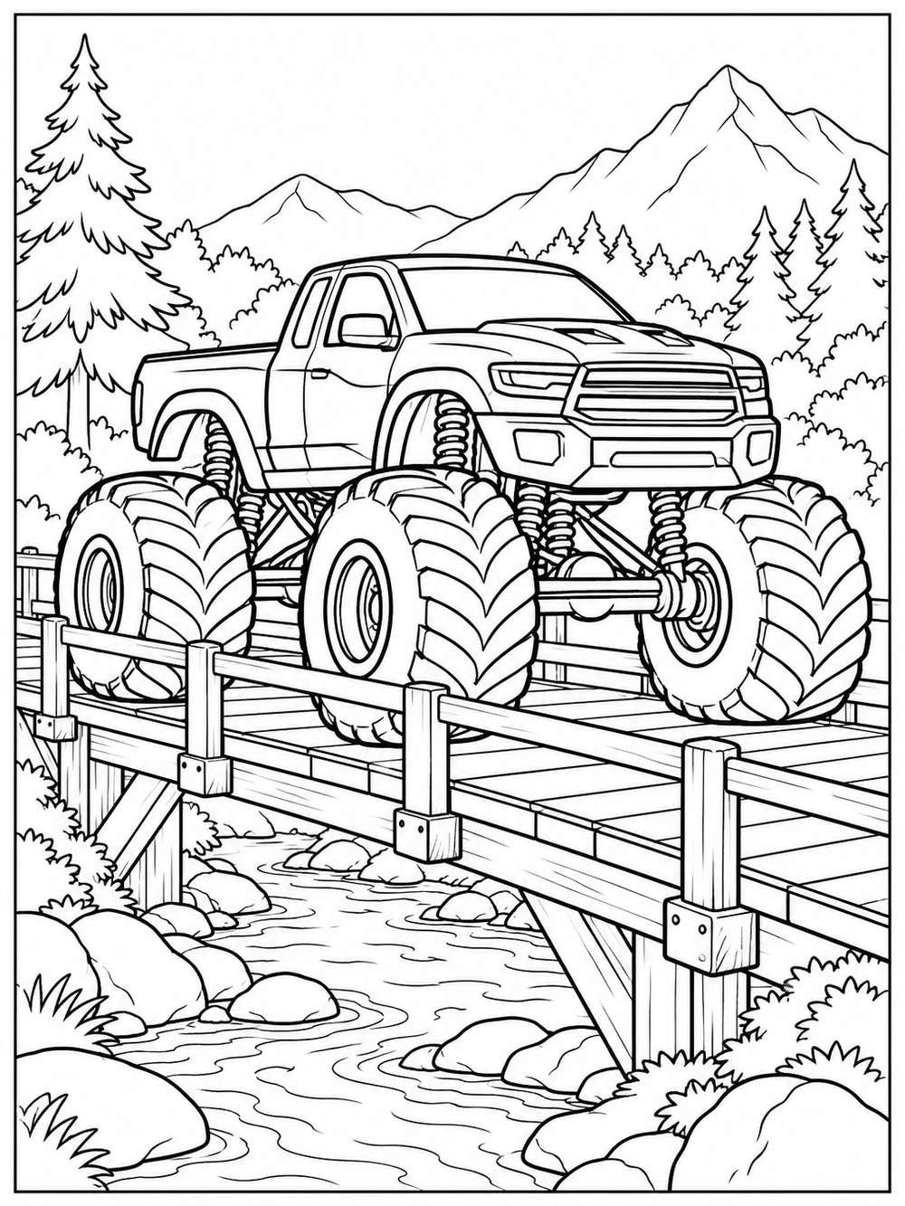 Line-art monster truck crossing a wooden plank bridge over a stream, with trees and mountains in the background.