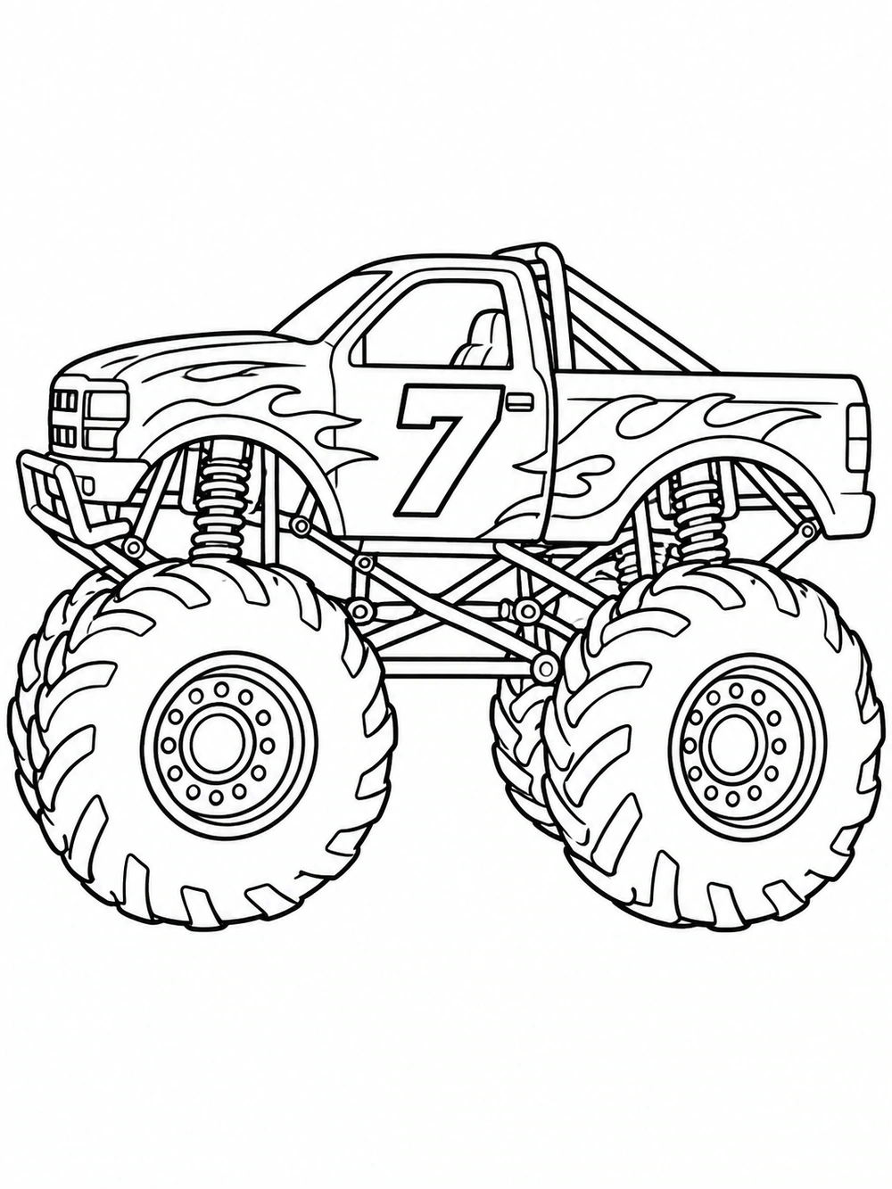 Side-view monster truck coloring page with oversized tires and a large 7 on the door
