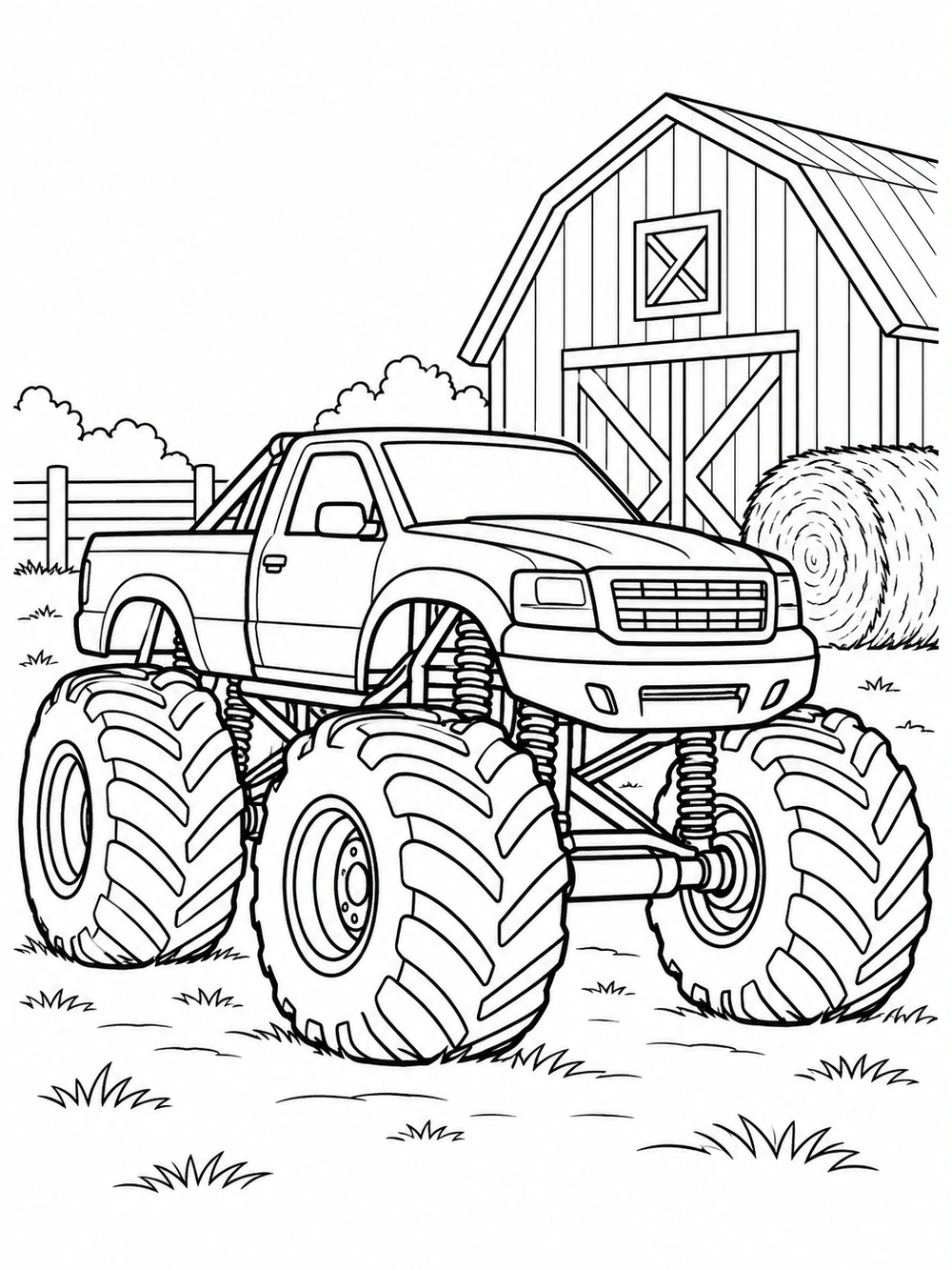 A monster truck with oversized tires parked beside a barn and hay bale, with a short fence behind it.