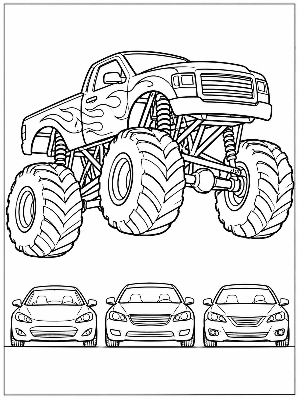 Monster truck leaping over three parked cars in a row on a black-and-white coloring page.