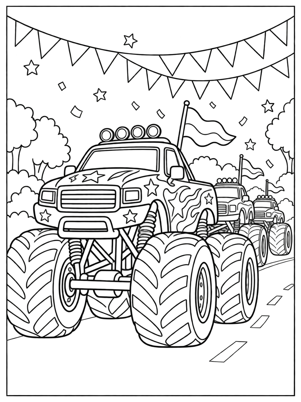 Decorated monster truck leading a small parade beneath triangular flags
