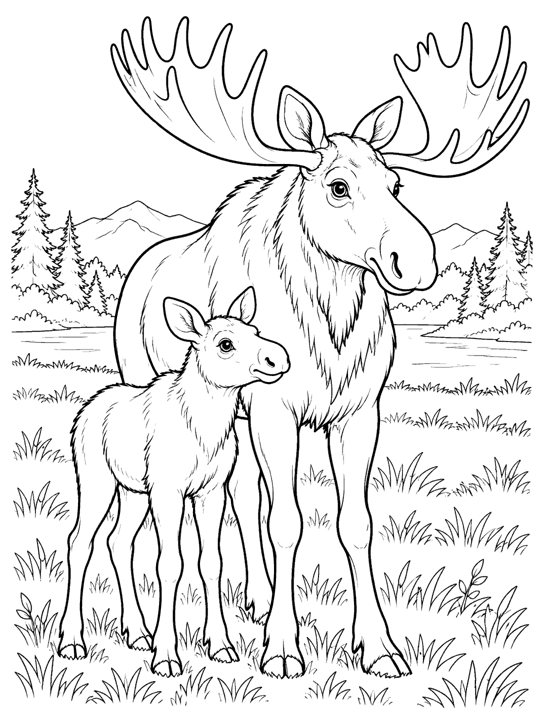 Moose calf standing beside its broad-antlered mother among meadow grass and distant trees