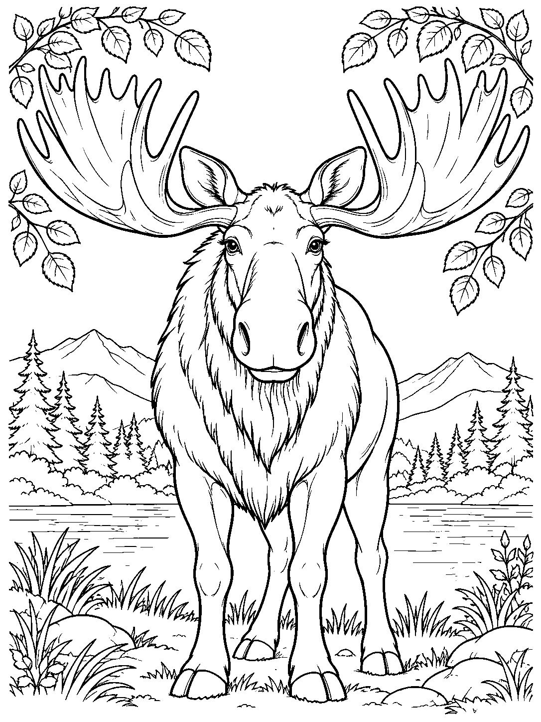 Front-facing bull moose with broad palmate antlers in a forest landscape