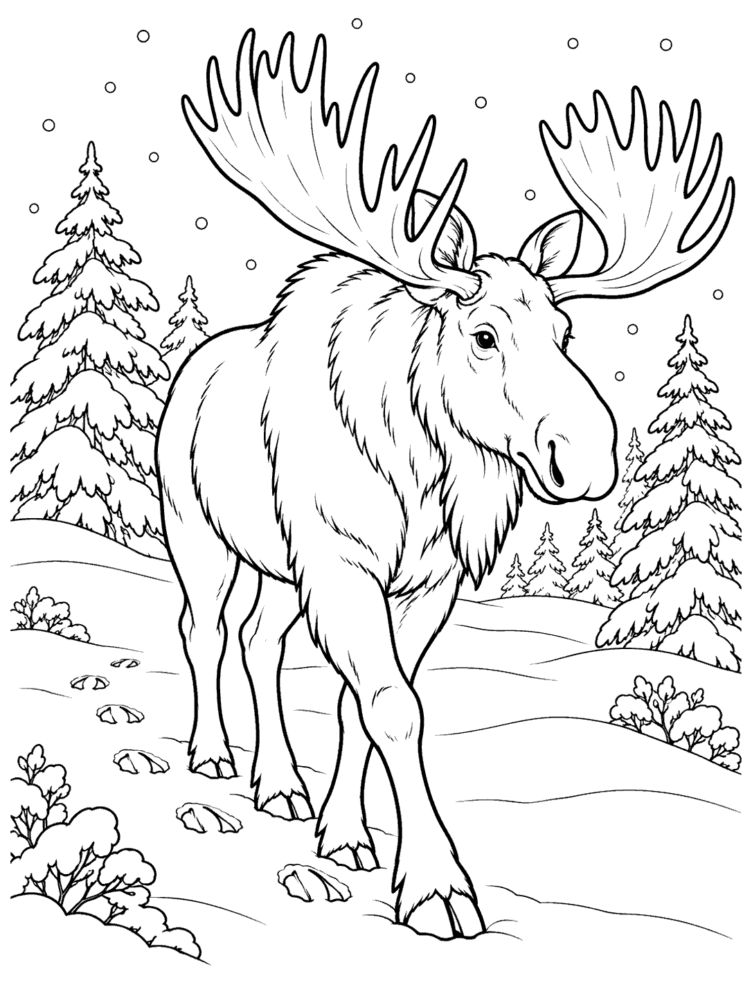 A large antlered moose walking through a snowy forest clearing with hoofprints, evergreen trees, and falling snow.