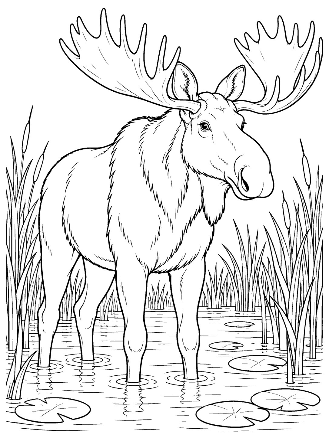 Moose standing in shallow wetland water among reeds and lily pads.