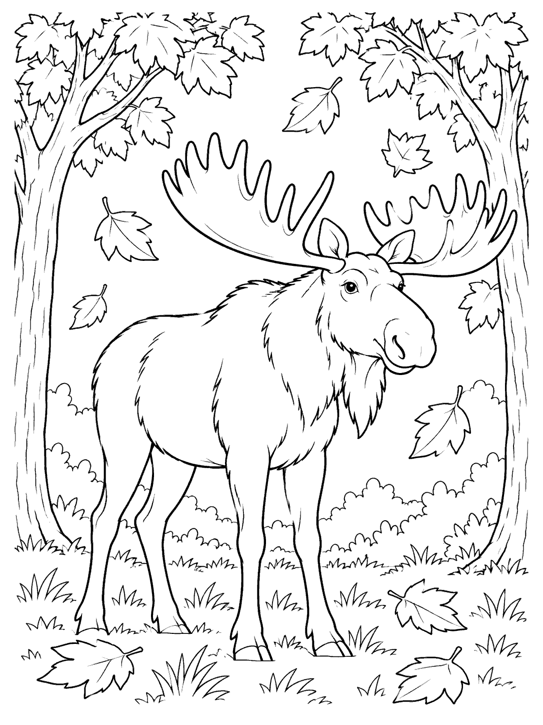 A broad-antlered moose stands between two trees, surrounded by falling leaves and simple grass outlines.