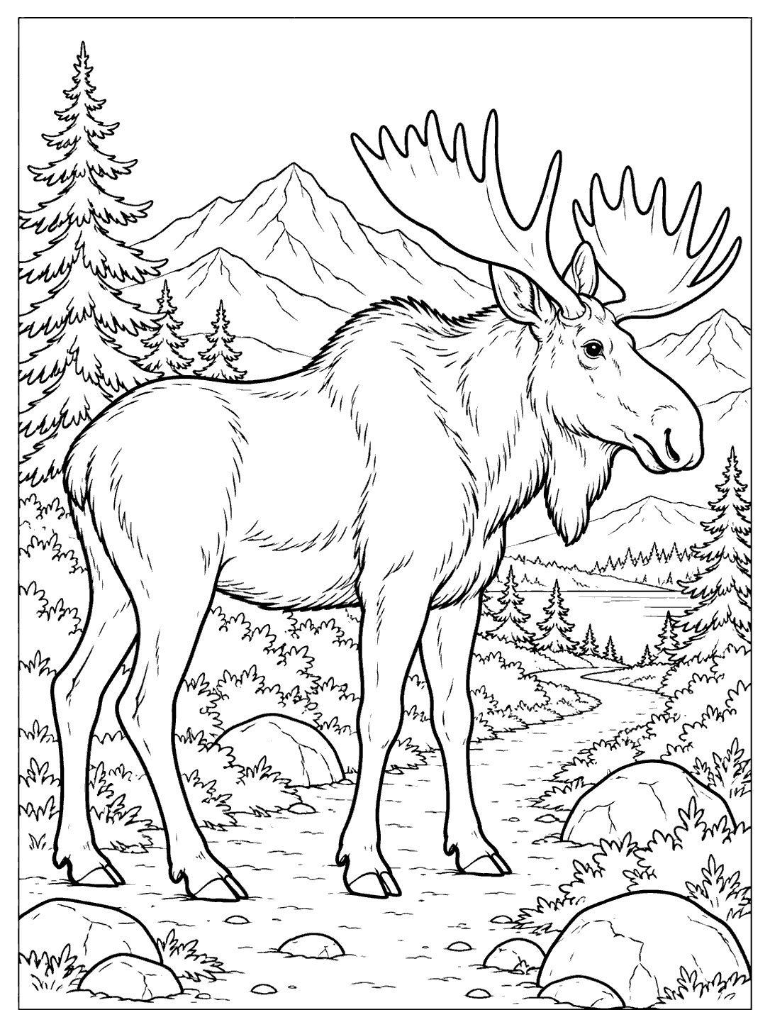 A large moose in profile on a winding trail, with distant mountain peaks, evergreen trees, and nearby rocks.