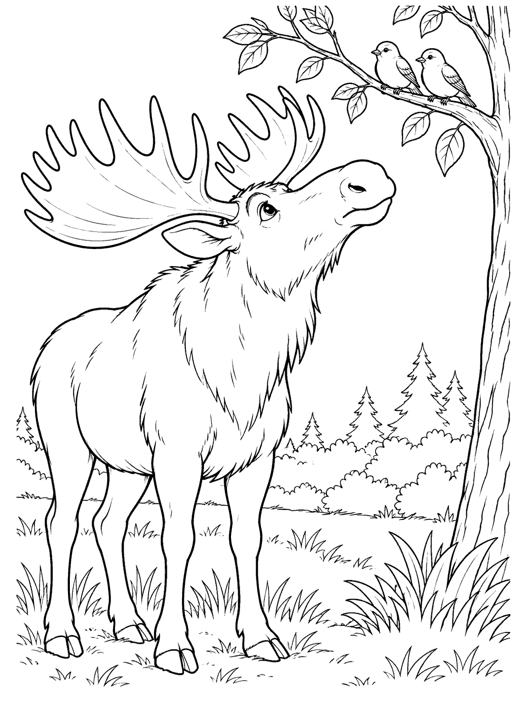 Moose looking toward two birds perched on a leafy branch in a forest clearing