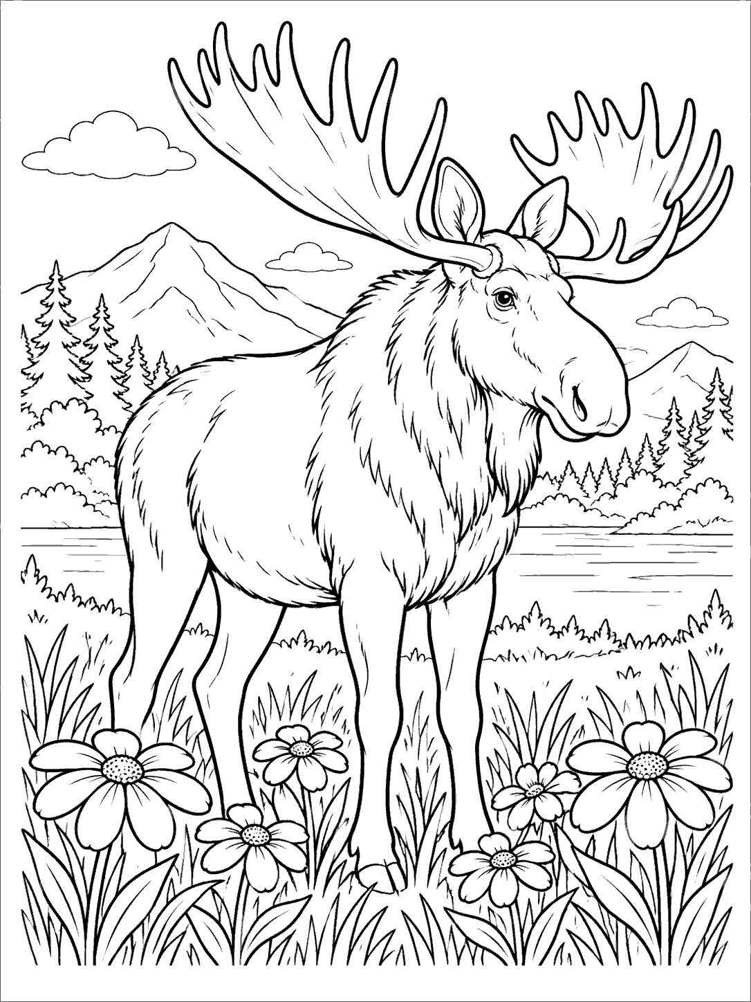A large moose with broad antlers stands among wildflowers, grasses, and trees, with mountains and a lake behind it.