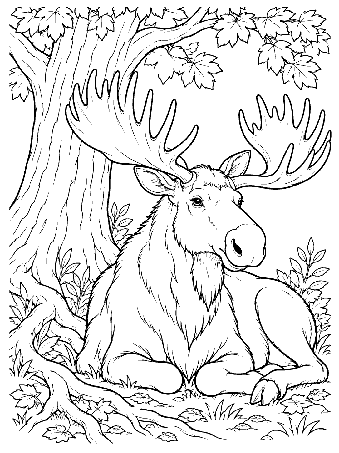 A resting moose with folded legs beneath a leafy forest tree, surrounded by roots and plants, drawn in black outlines.