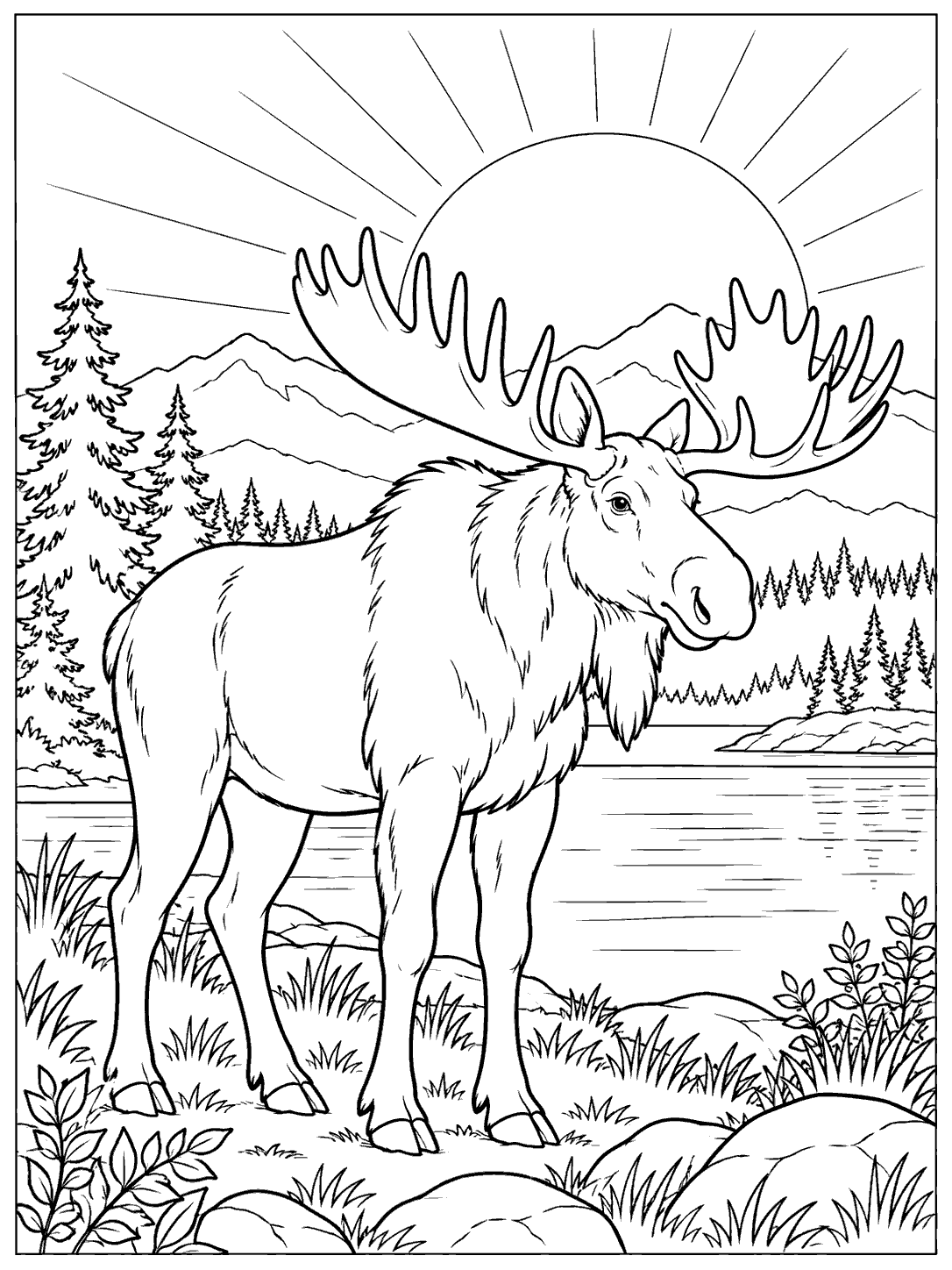 Outlined moose standing beside a lake, framed by pine trees, a distant ridge, and a large rising sun.
