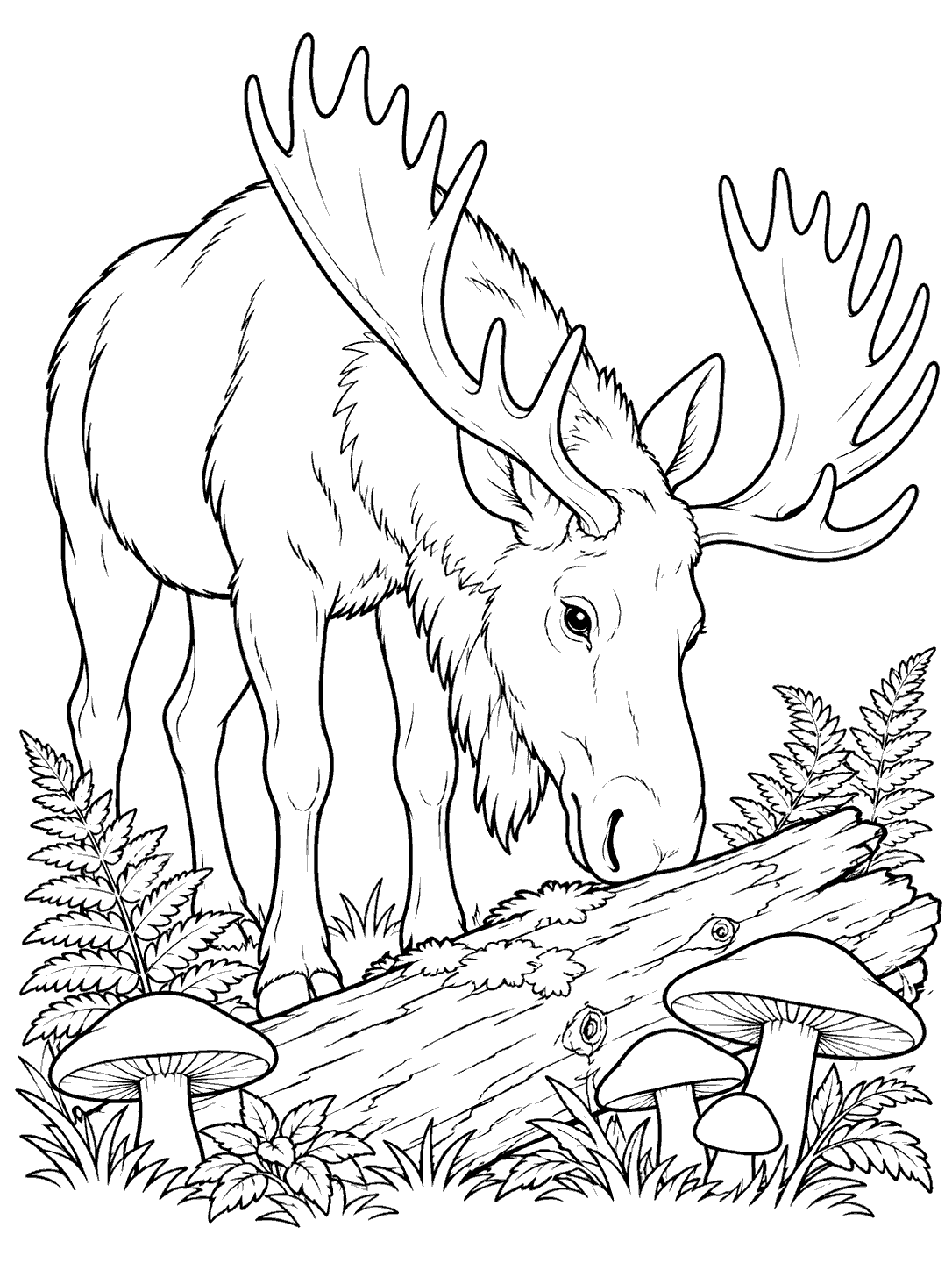 Black-line coloring page of a large moose lowering its muzzle to a fallen log, with mushrooms and ferns in the foreground.