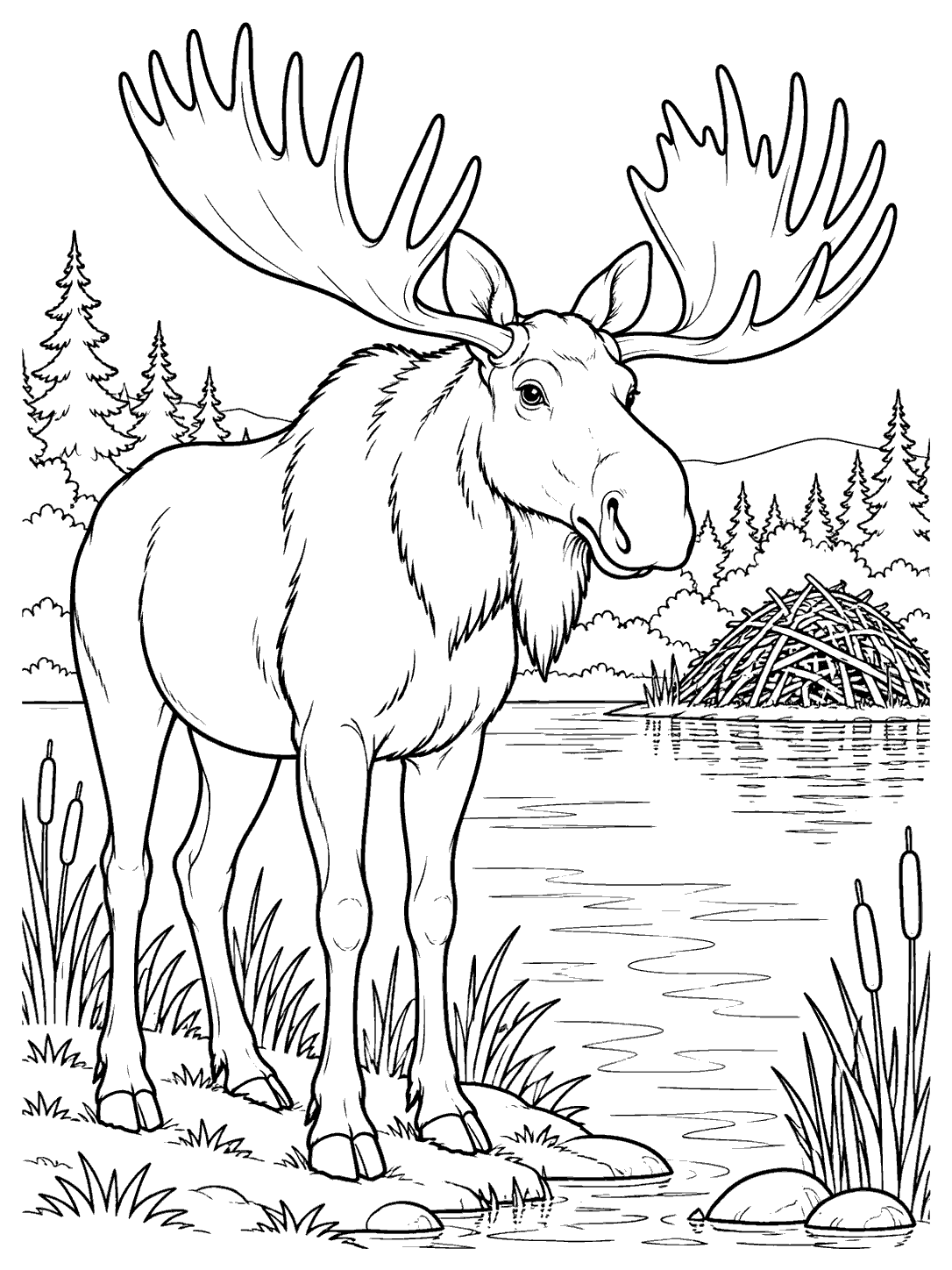 Black ink coloring page of a large-antlered moose beside a pond with a beaver lodge, reeds, and distant trees.