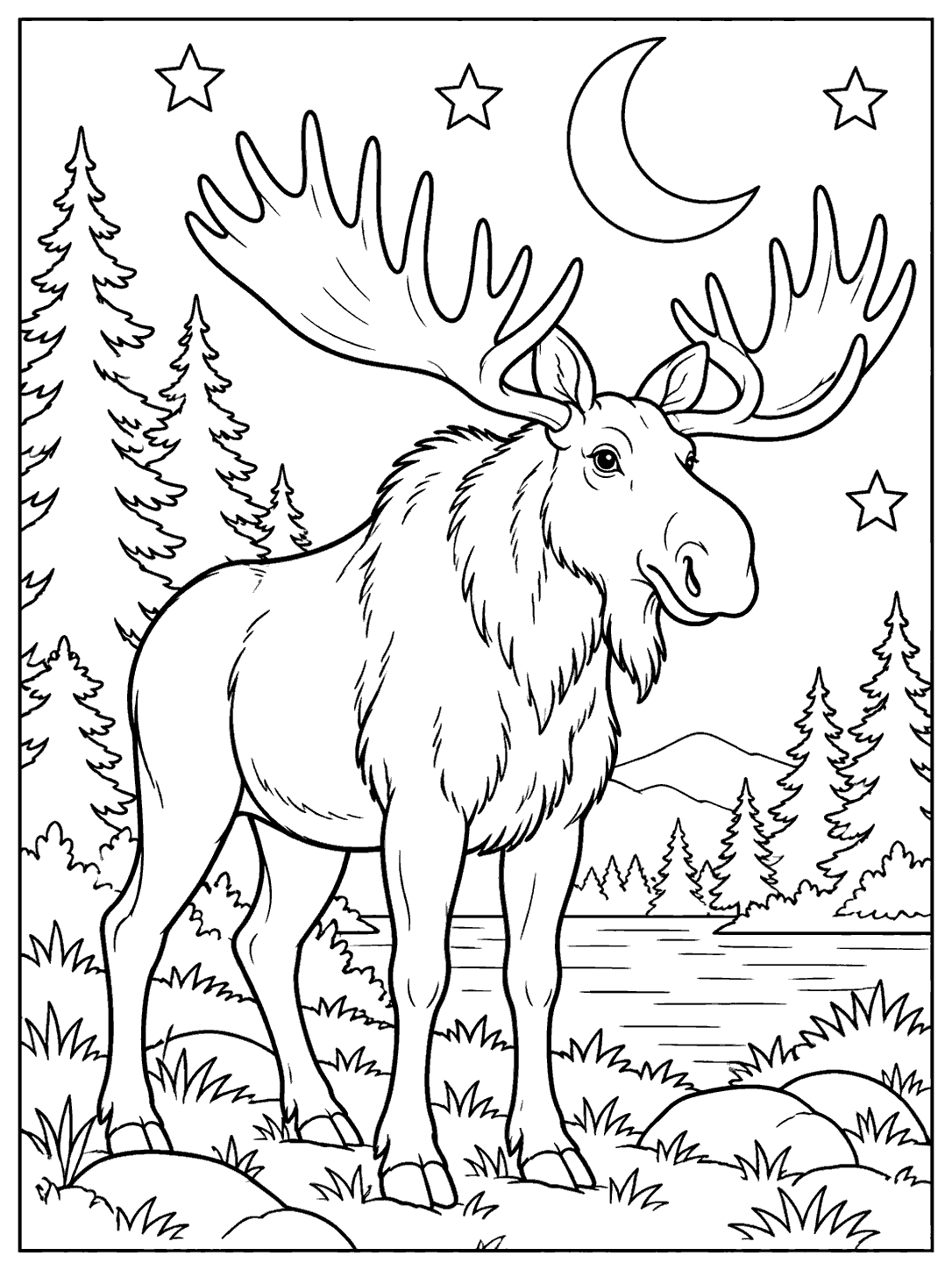 A large moose stands among outlined pine trees beneath a crescent moon and stars.