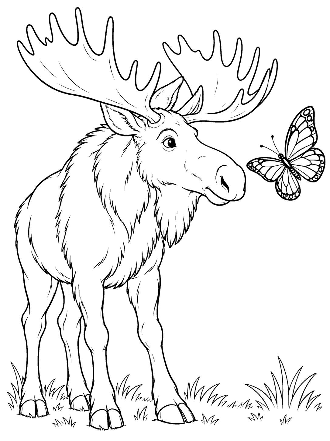 A moose watches a patterned butterfly near its muzzle, with a little grass below.