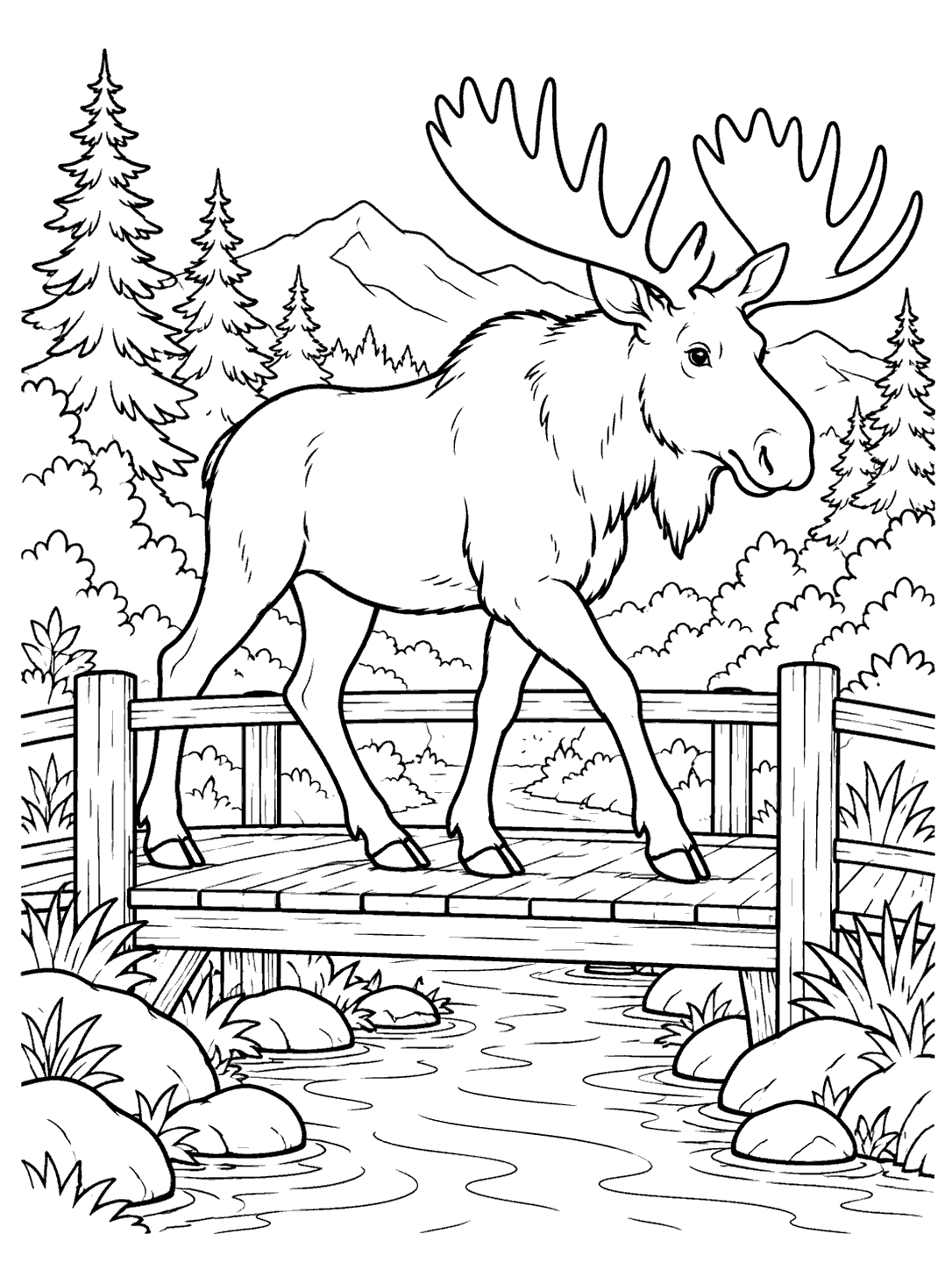 Line art of a large moose crossing a wooden footbridge over a creek, with trees and rocks nearby.
