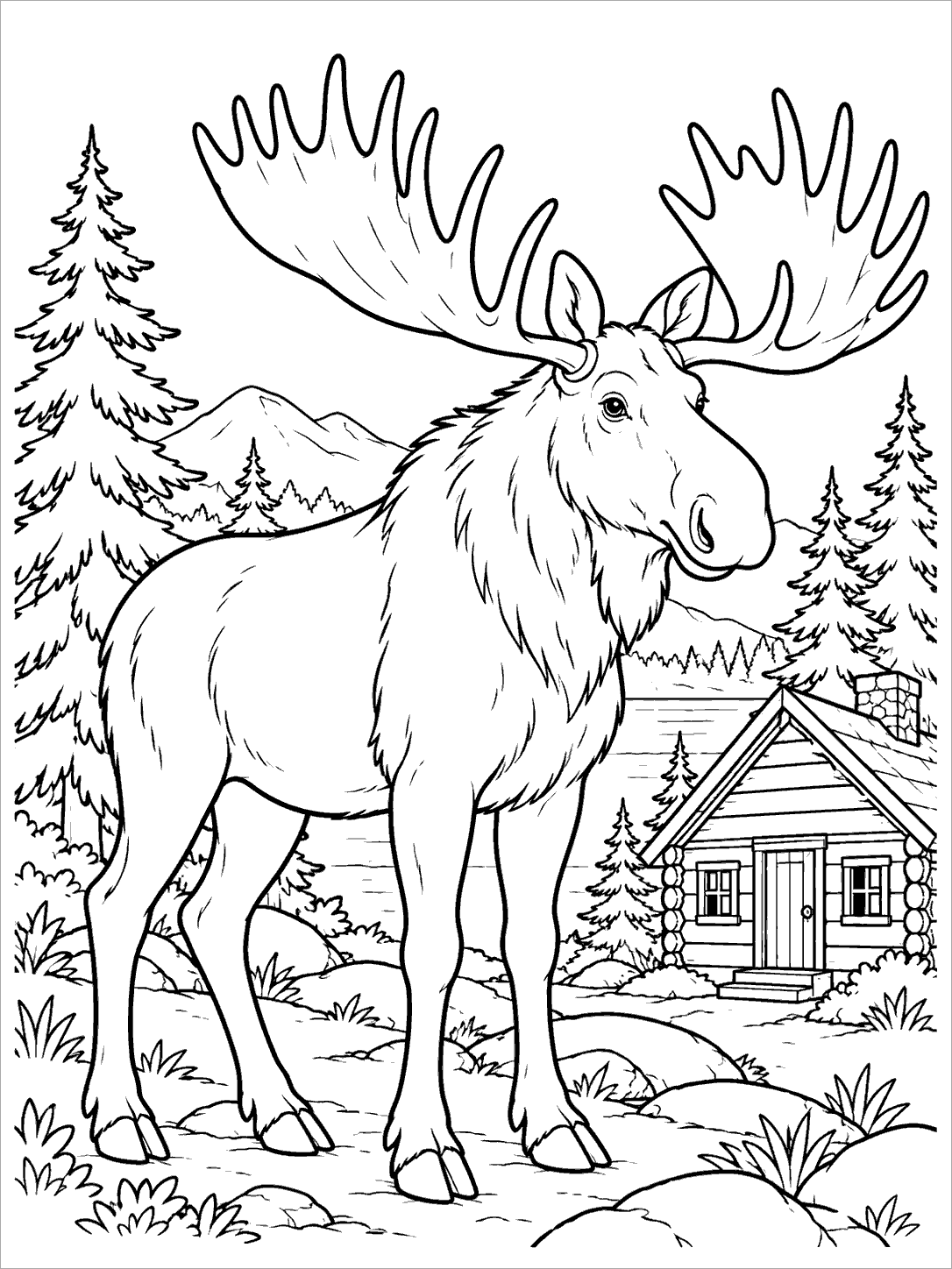 Black-and-white coloring page of a moose standing beside a rustic cabin in an evergreen forest.