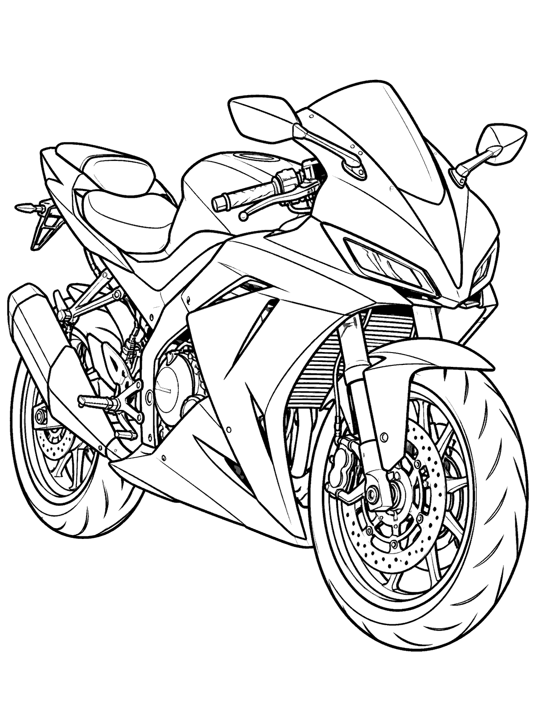 Black-and-white sport motorcycle coloring page with a windshield, fairing, and broad tires