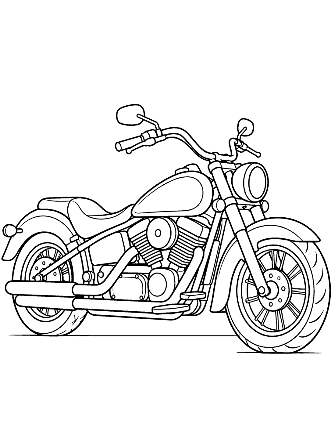 Black outline coloring page of a side-view cruiser motorcycle with a long seat and large wheels.