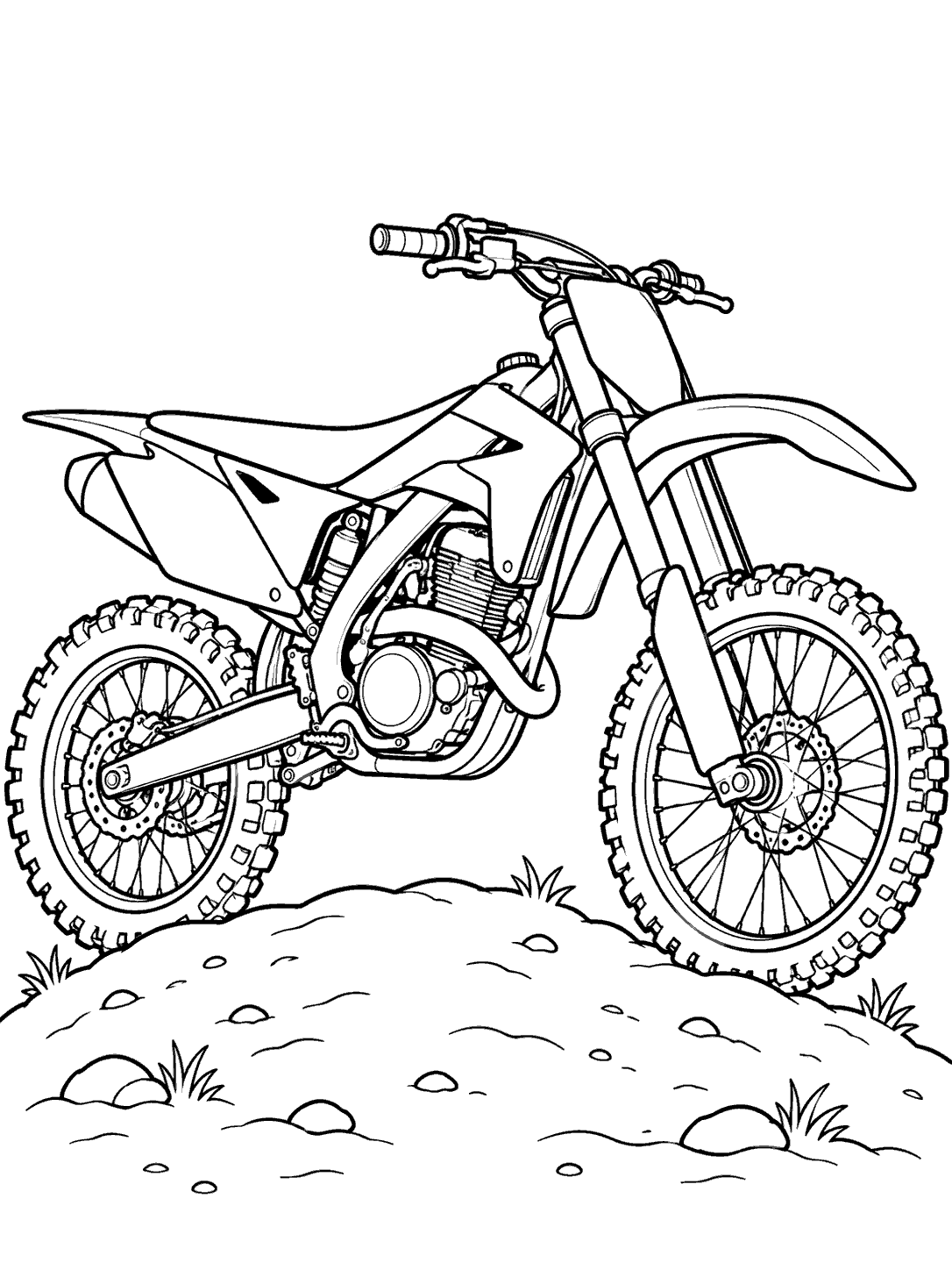 Black and white dirt bike coloring page showing a side view of the bike atop a rounded dirt mound.