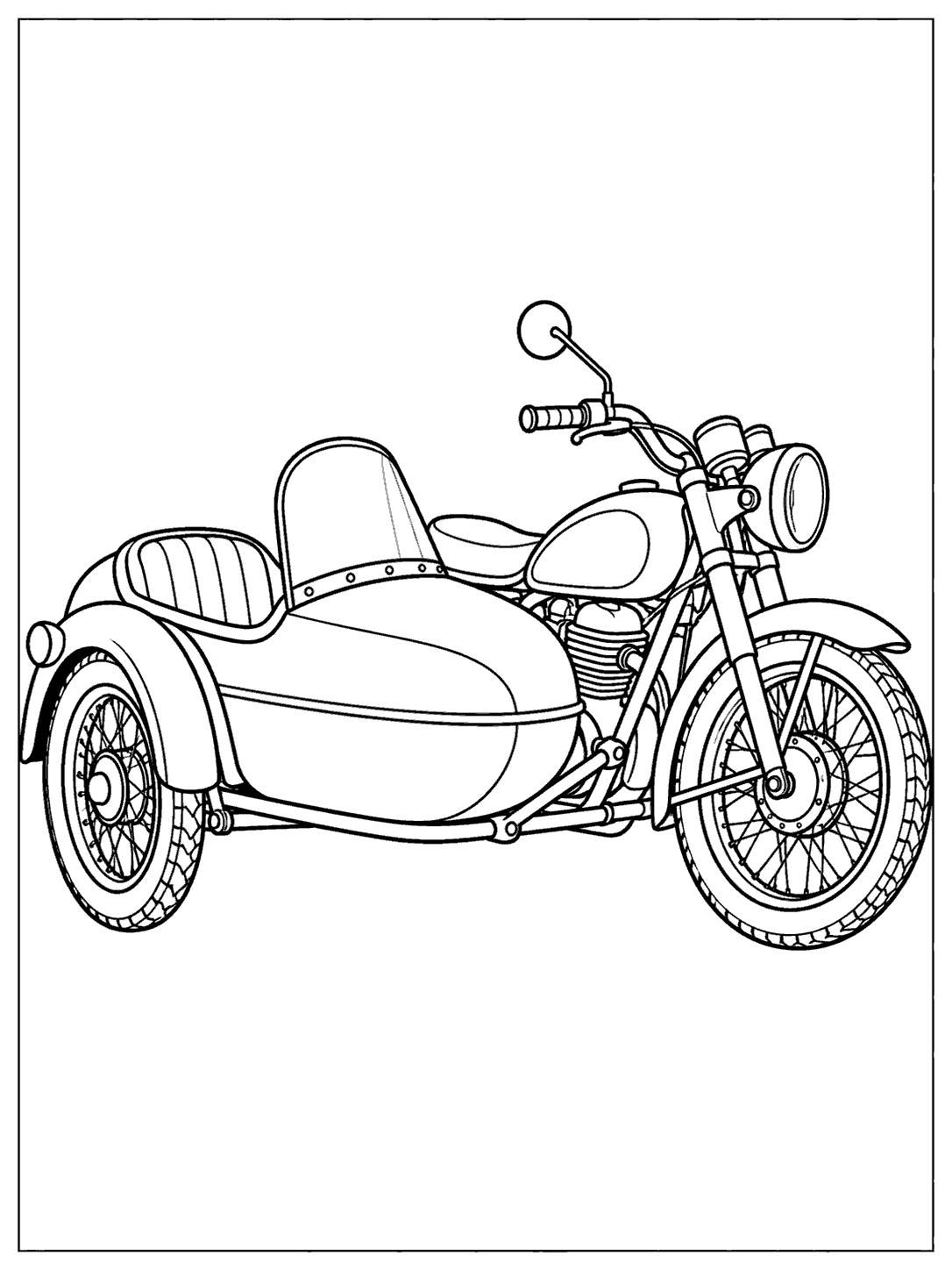 Black-and-white motorcycle with a rounded one-seat sidecar, shown in side profile on a printable coloring page.