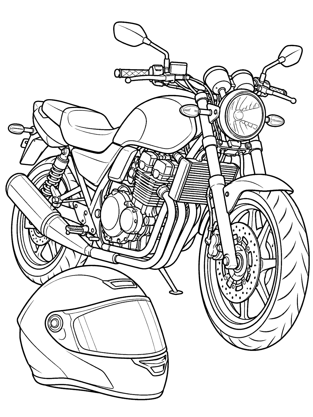 Black line art of a standard motorcycle and full-face helmet coloring page