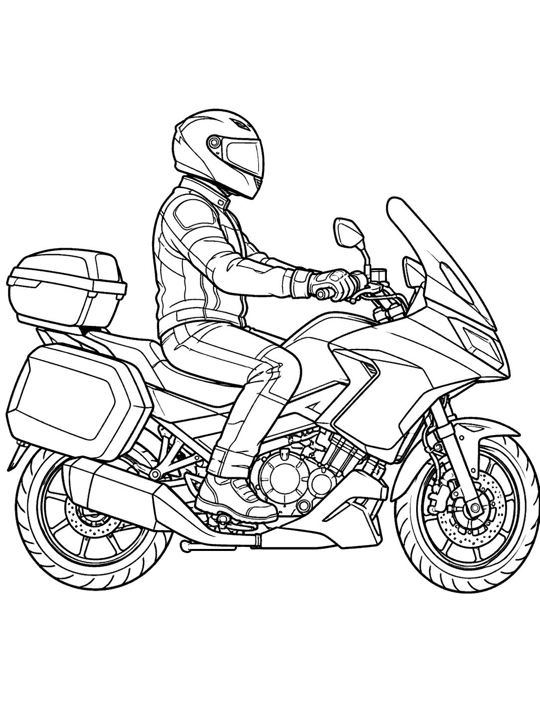 Black and white coloring page showing a helmeted rider seated upright on a touring motorcycle, viewed from the side.