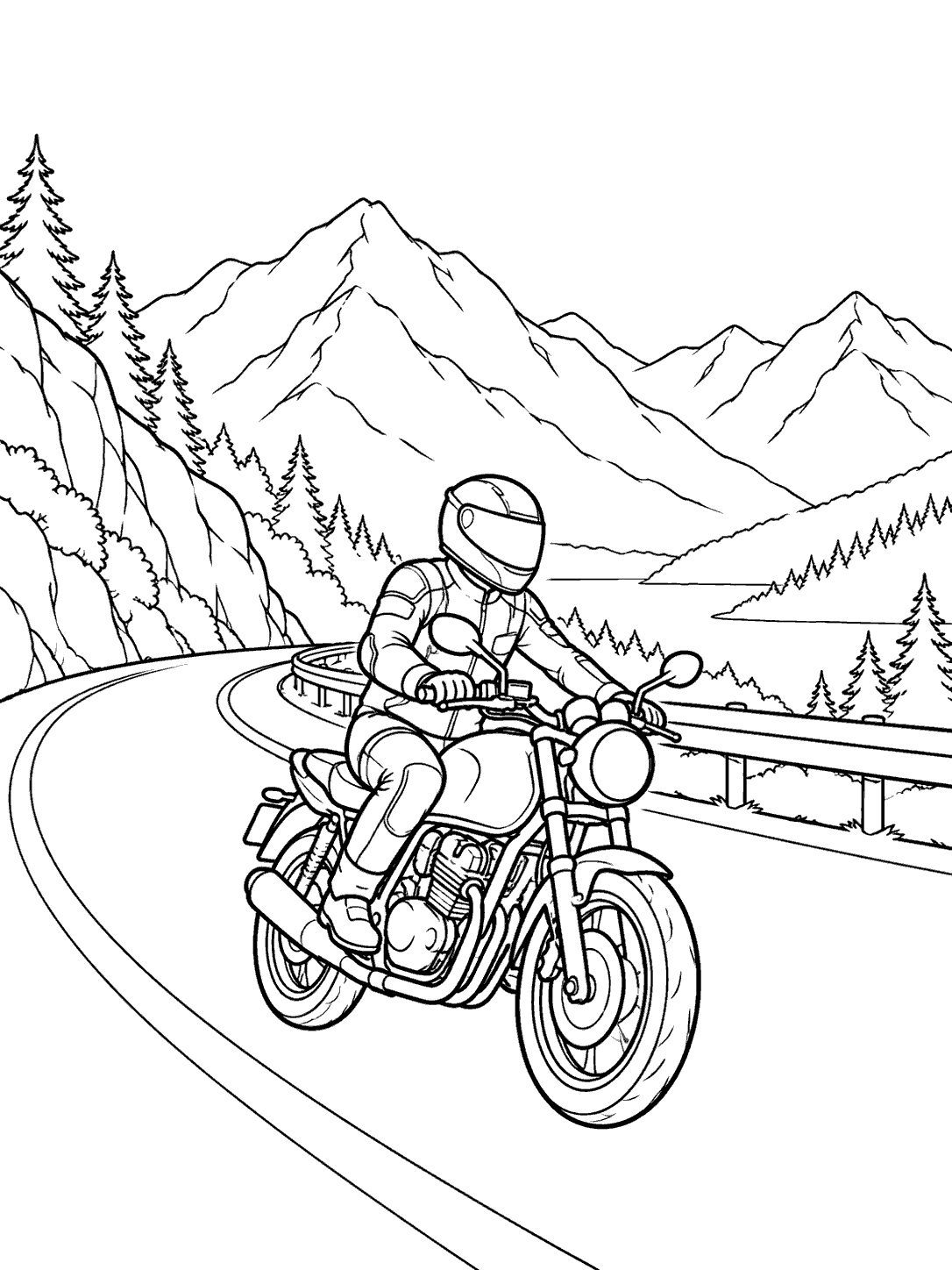 Black-and-white motorcycle coloring page showing a helmeted rider on a curving mountain road with peaks, trees, and a guardrail.