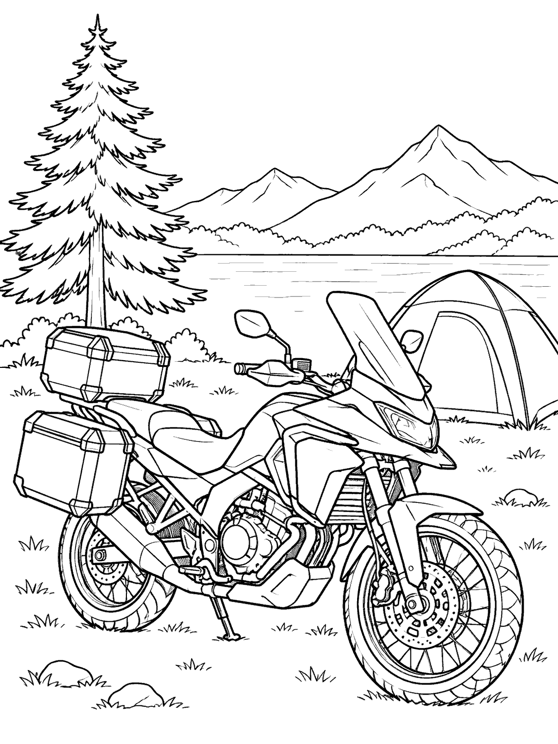 Black-outline touring motorcycle with luggage parked beside a dome tent and pine tree at a mountain campsite