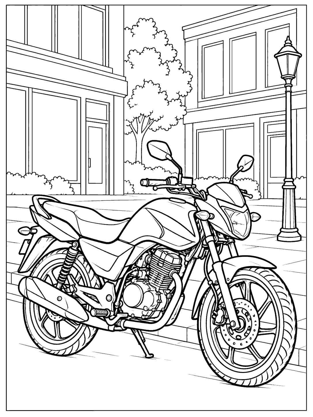 Motorcycle parked on a city sidewalk with buildings and a streetlamp, in black-and-white coloring page line art.
