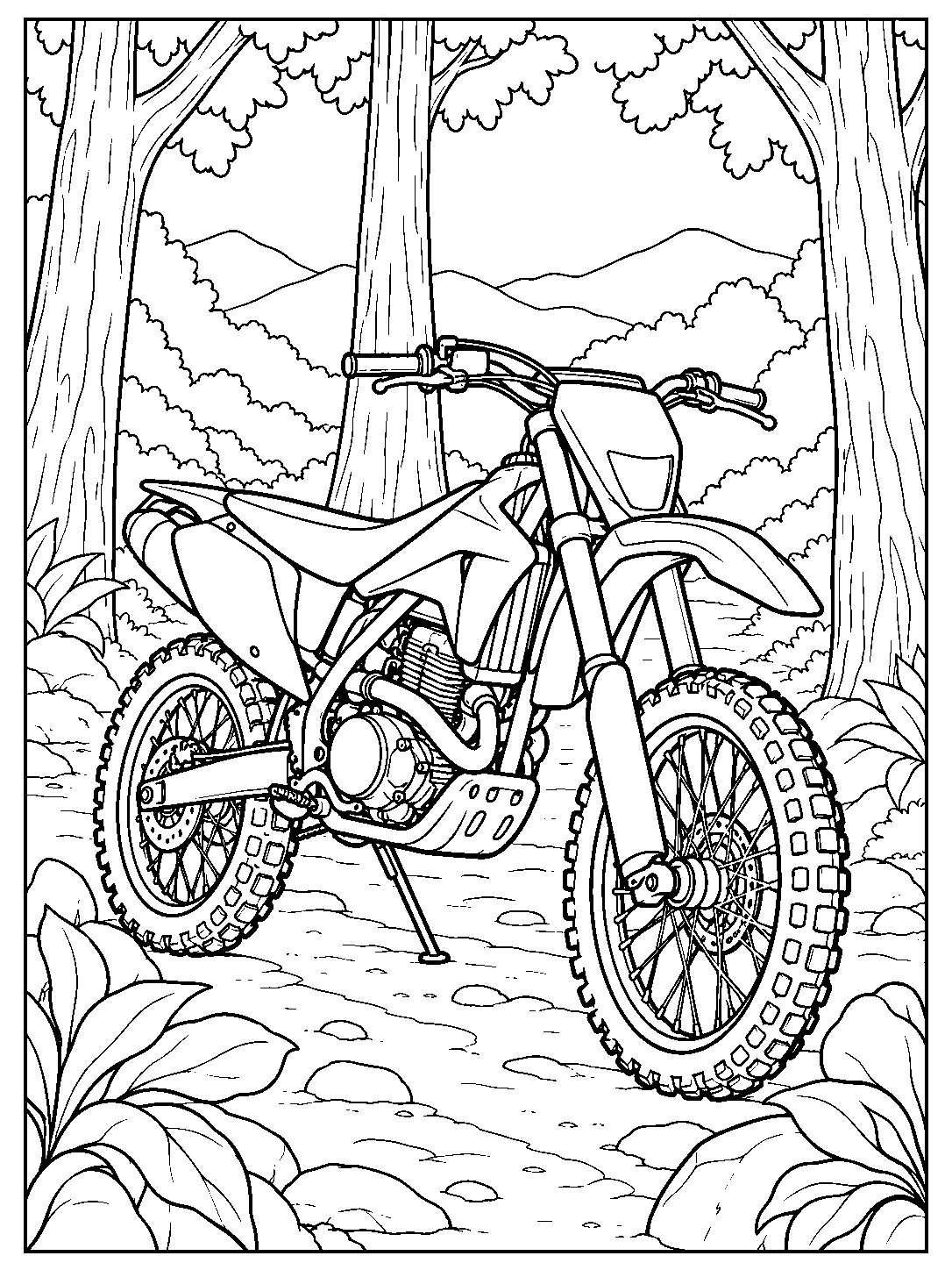 Motorcycle forest trail coloring page with a detailed trail bike, trees, and leafy plants.