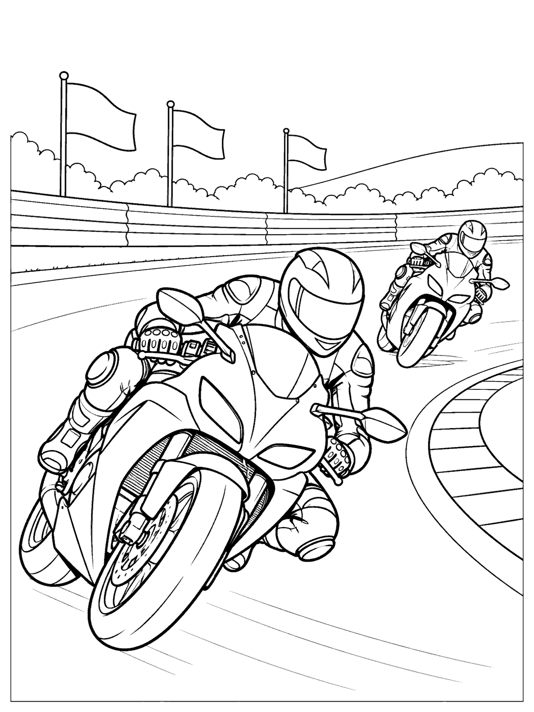 Motorcycle race track coloring page showing two helmeted riders leaning through a curve, with track barriers and blank flags.