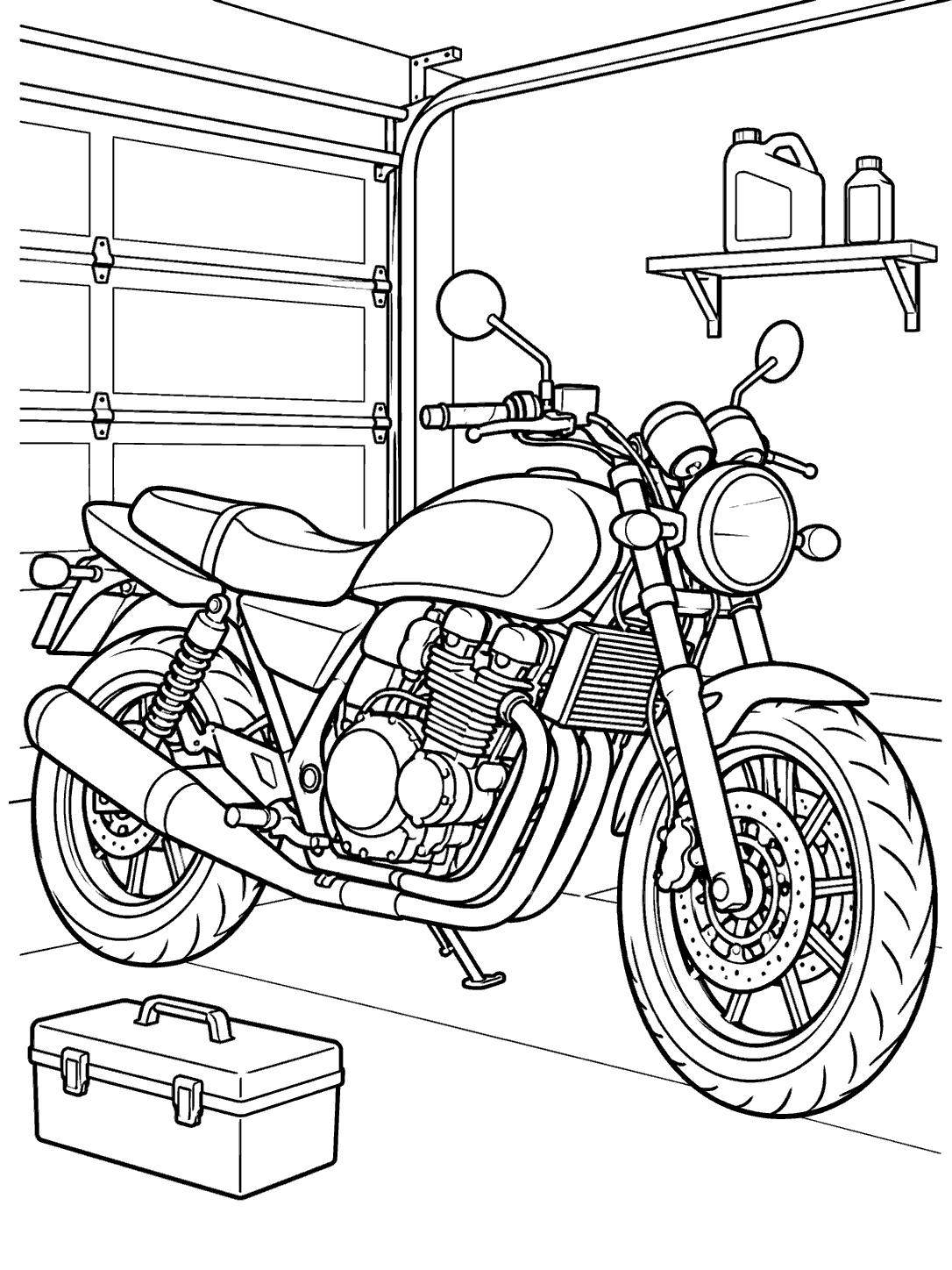 Detailed motorcycle garage coloring page with a parked motorcycle, floor toolbox, and wall shelf.