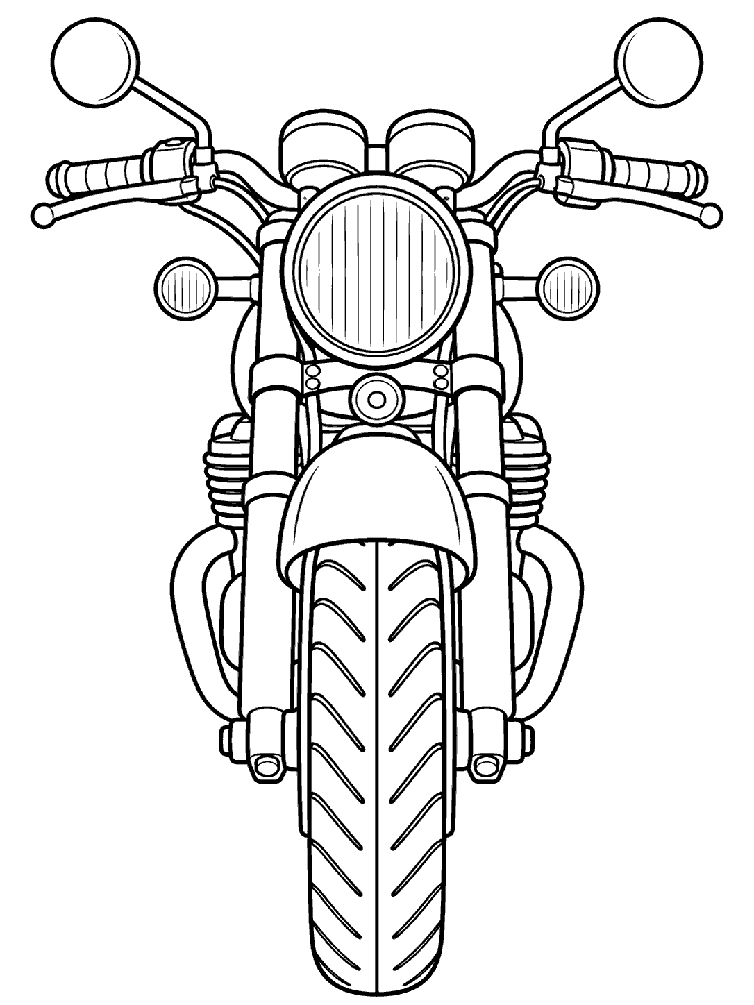 Black outline coloring page of a symmetrical motorcycle viewed from the front, with mirrors, round headlight, handlebars, fork, fender, and tire.