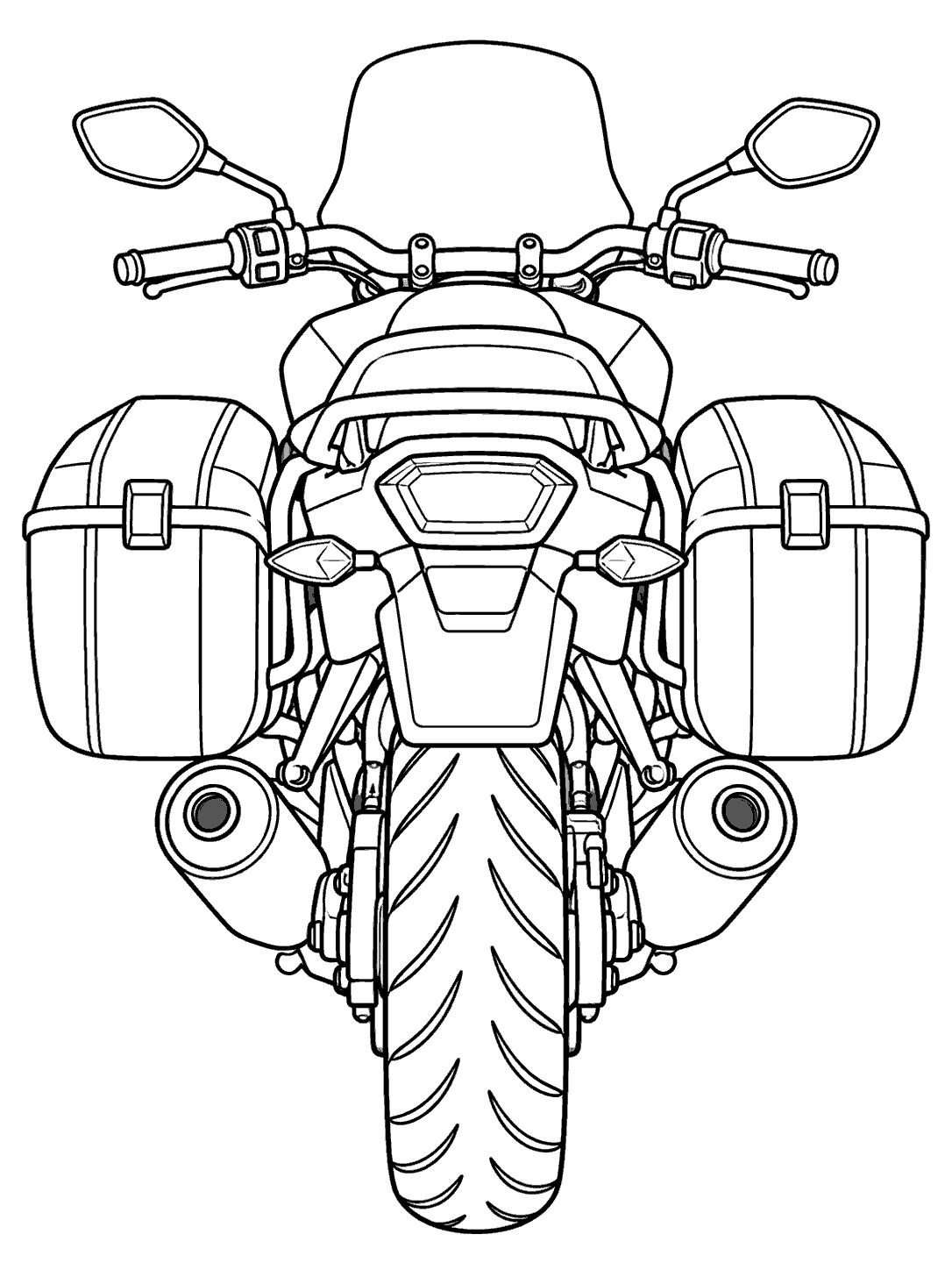 Black-outline coloring page showing the rear view of a touring motorcycle with a wide tire, seat, tail light, twin exhausts, and matching side cases.